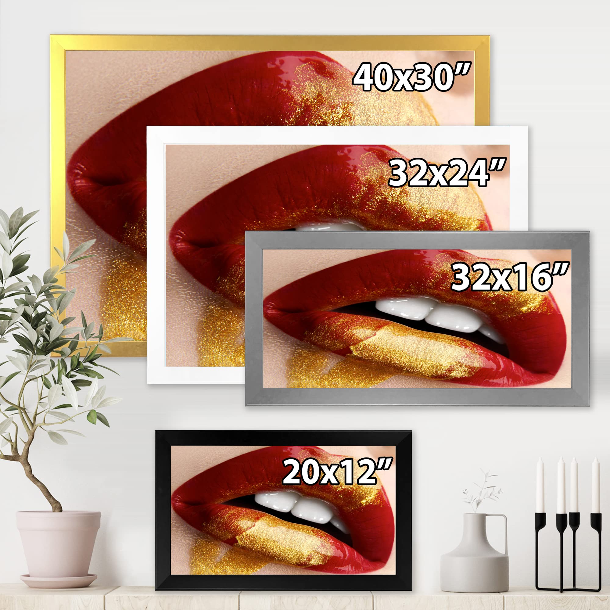 Plump Woman Lips Red Gold Modern Framed Wall Art - Elegant Home Decor for Living Room, Bedroom & Office