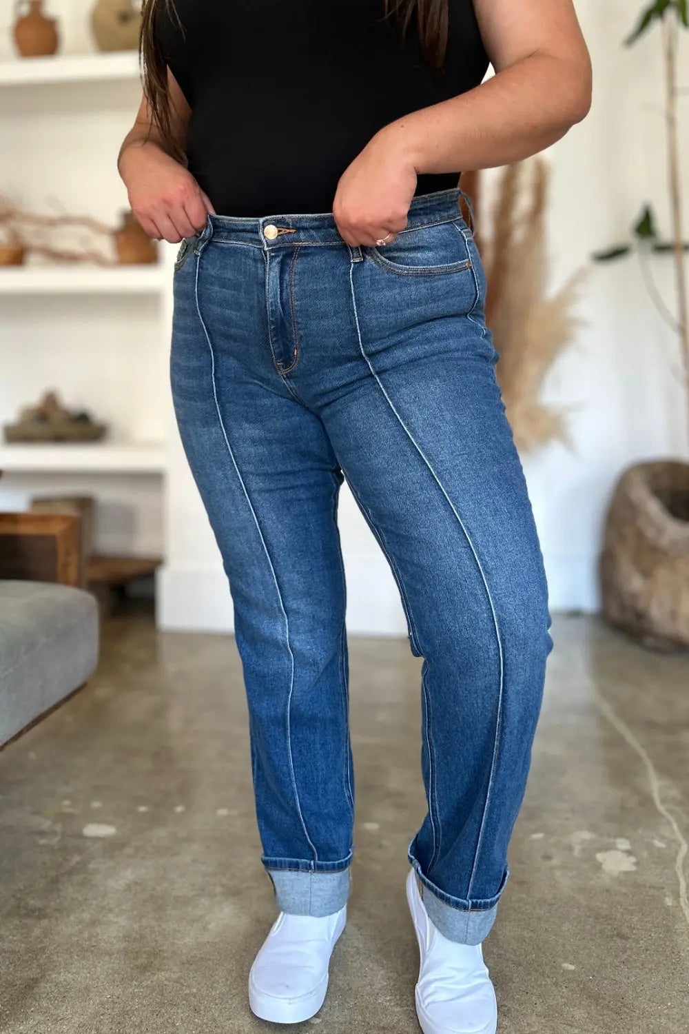 Judy Blue High Waist Straight Jeans for Women - Classic Front Seam Detail, Comfortable Stretch Denim Pants | Perfect for Casual Wear, Office Outfits & Date Night Looks