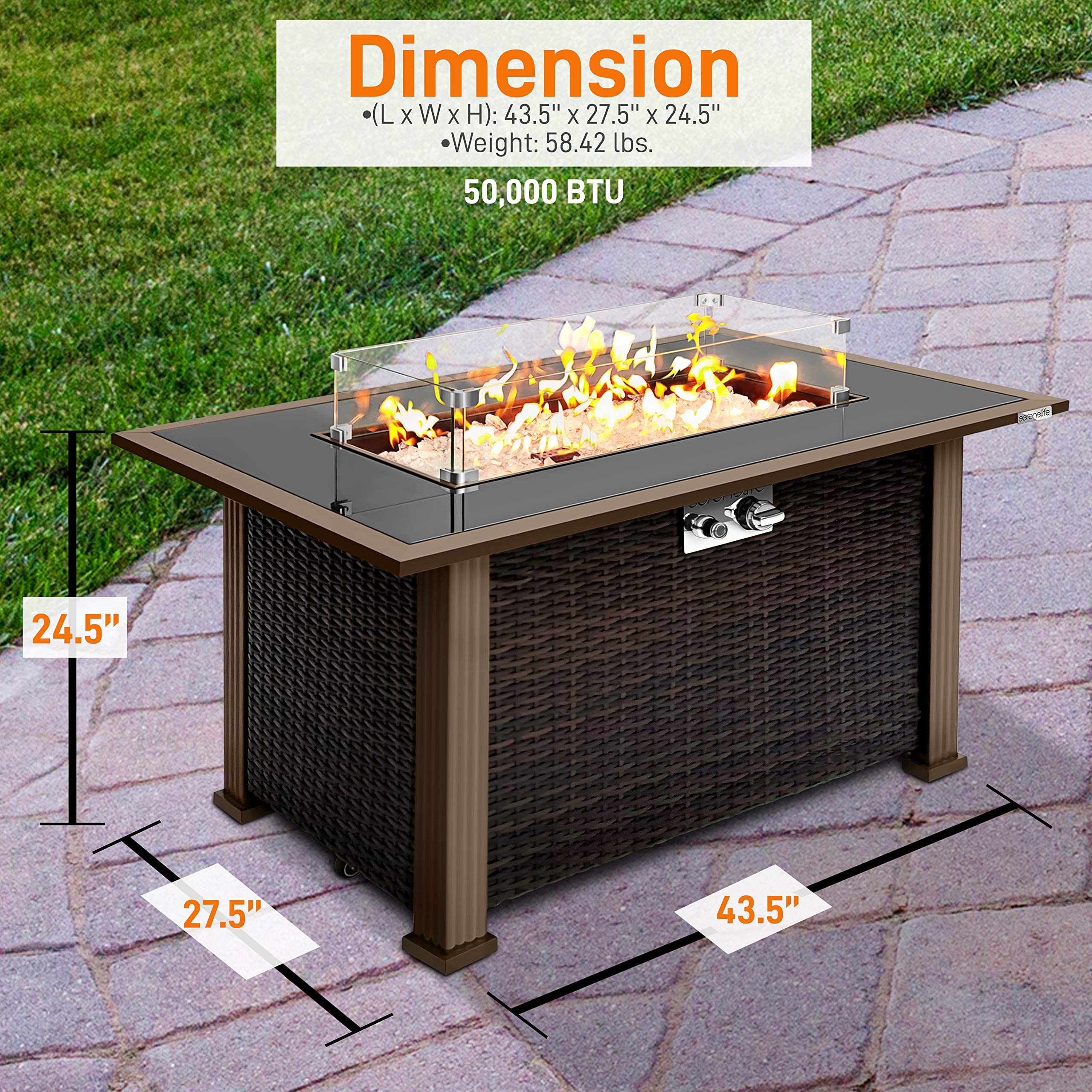 SereneLife 50,000 BTU Outdoor Propane Fire Pit Table with Auto-Ignition - Elegant Gas Fire Table with Rattan Panel, Black Tempered Glass Top & Wind Guard - Perfect for Patio, Backyard, Deck & Garden Gatherings - CSA Approved