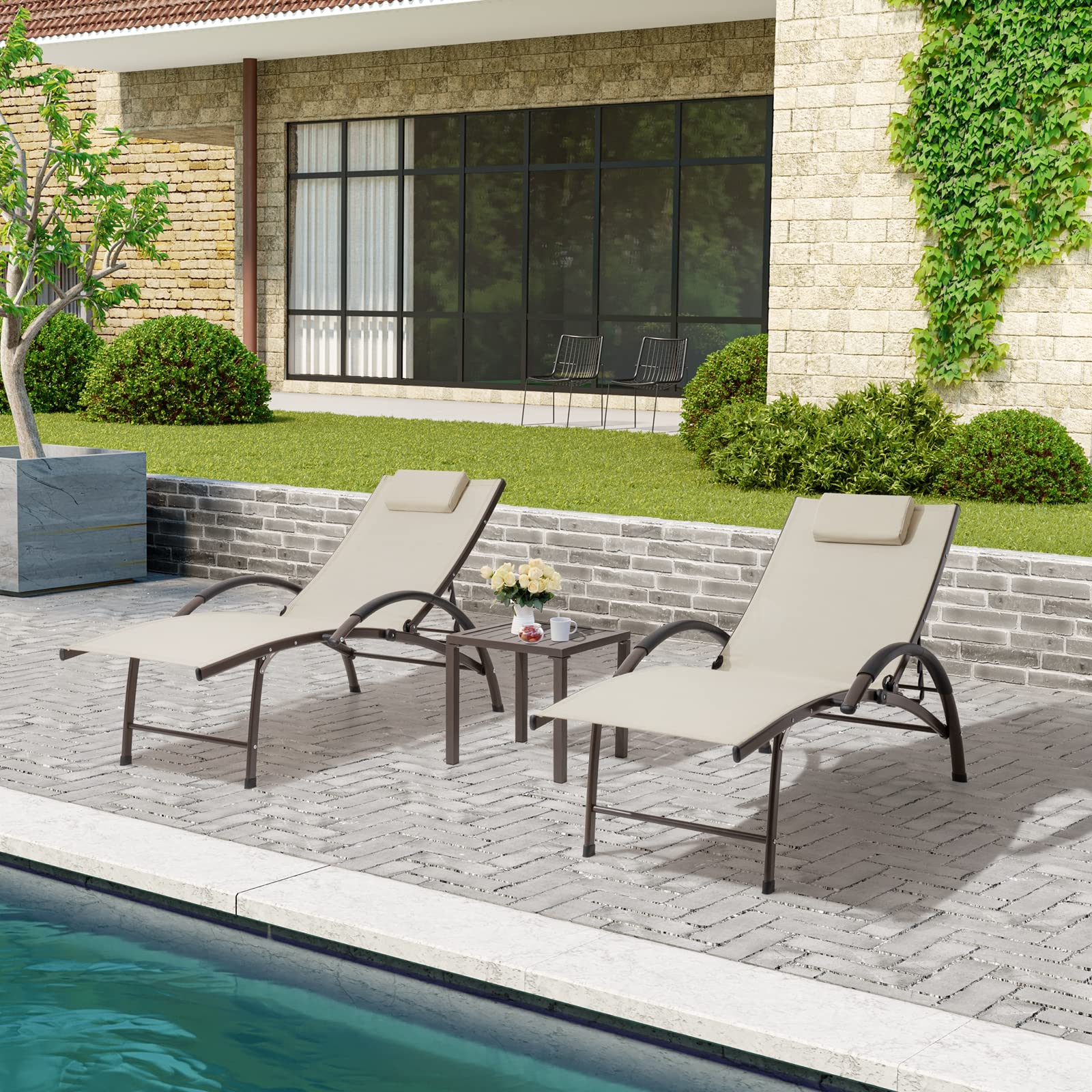2PCS Aluminum Chaise Lounge Chairs with Side Table - Adjustable 4-Position Recliner for Outdoor Relaxation | Beach, Patio, Pool, Lawn & Yard Furniture | Durable Sunbathing Chairs for Backyard, Garden & Vacation Homes