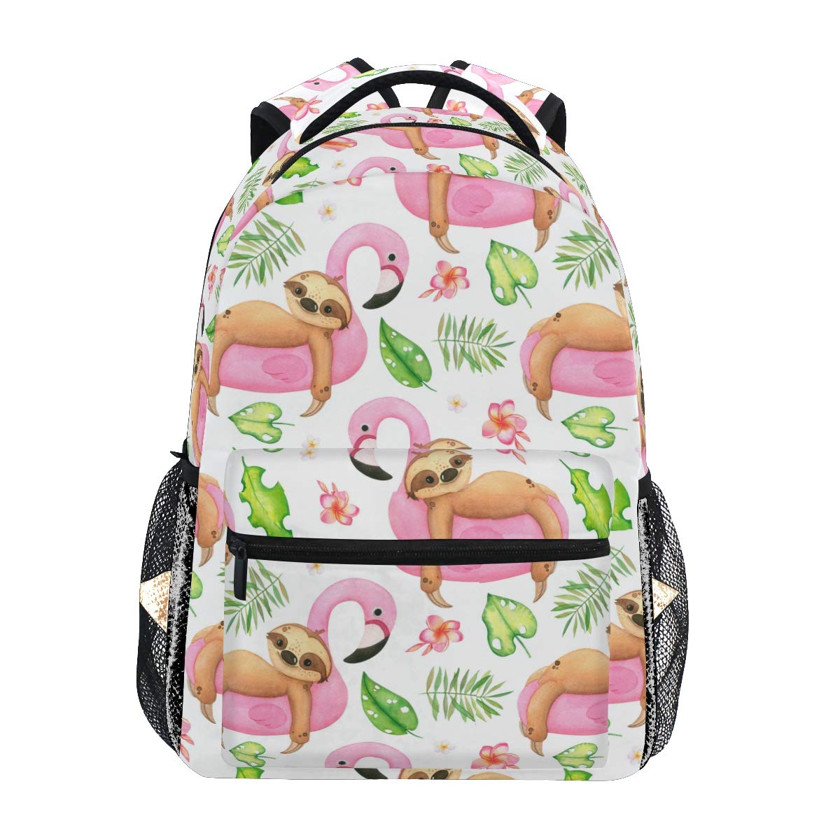Pfrewn Summer Sloth Palm Leaf Floral Backpack - Water Resistant Daypack for Men & Women, Tropical Animal Print Mini Bookbag for Travel, Sports & Beach Outings