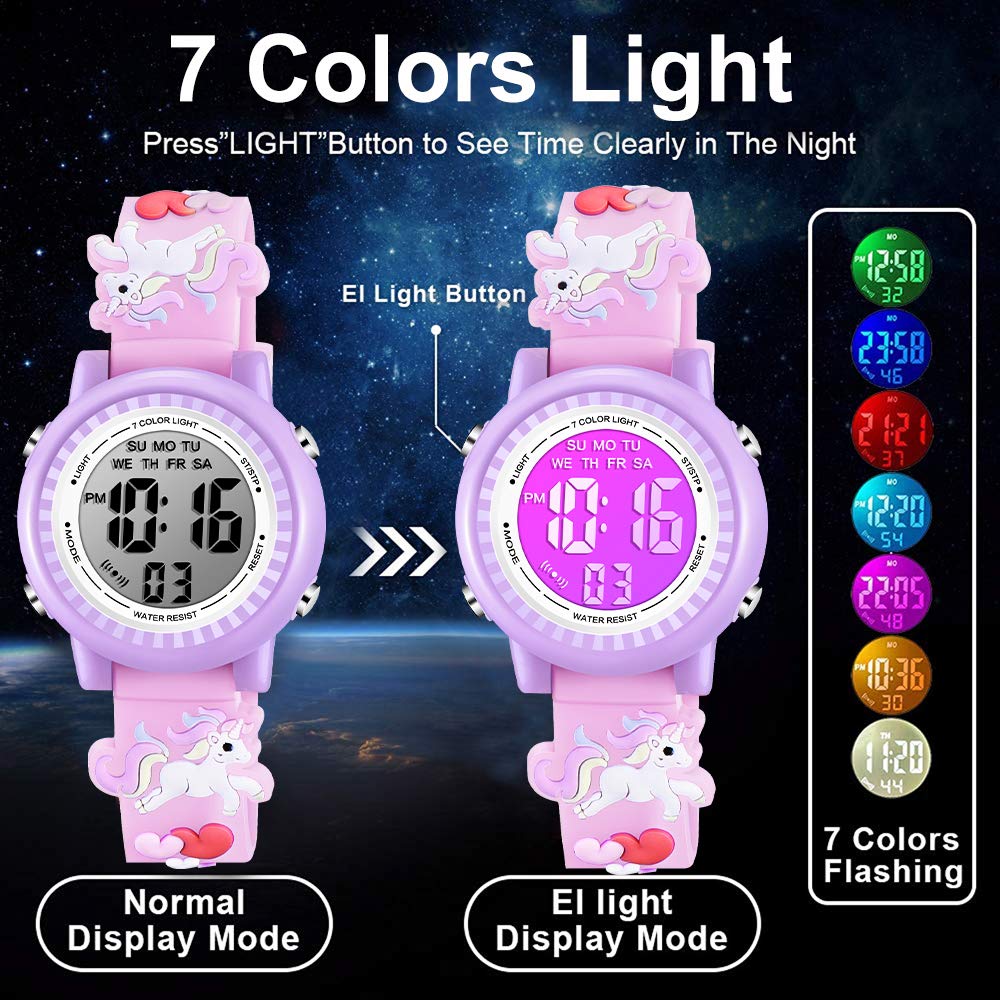 Venhoo Kids Digital Watch with 3D Cartoon Design, 7 Color LED Lights, Waterproof, Alarm & Stopwatch - Perfect for 3-10 Year Old Girls - Ideal for School, Playtime & Outdoor Activities