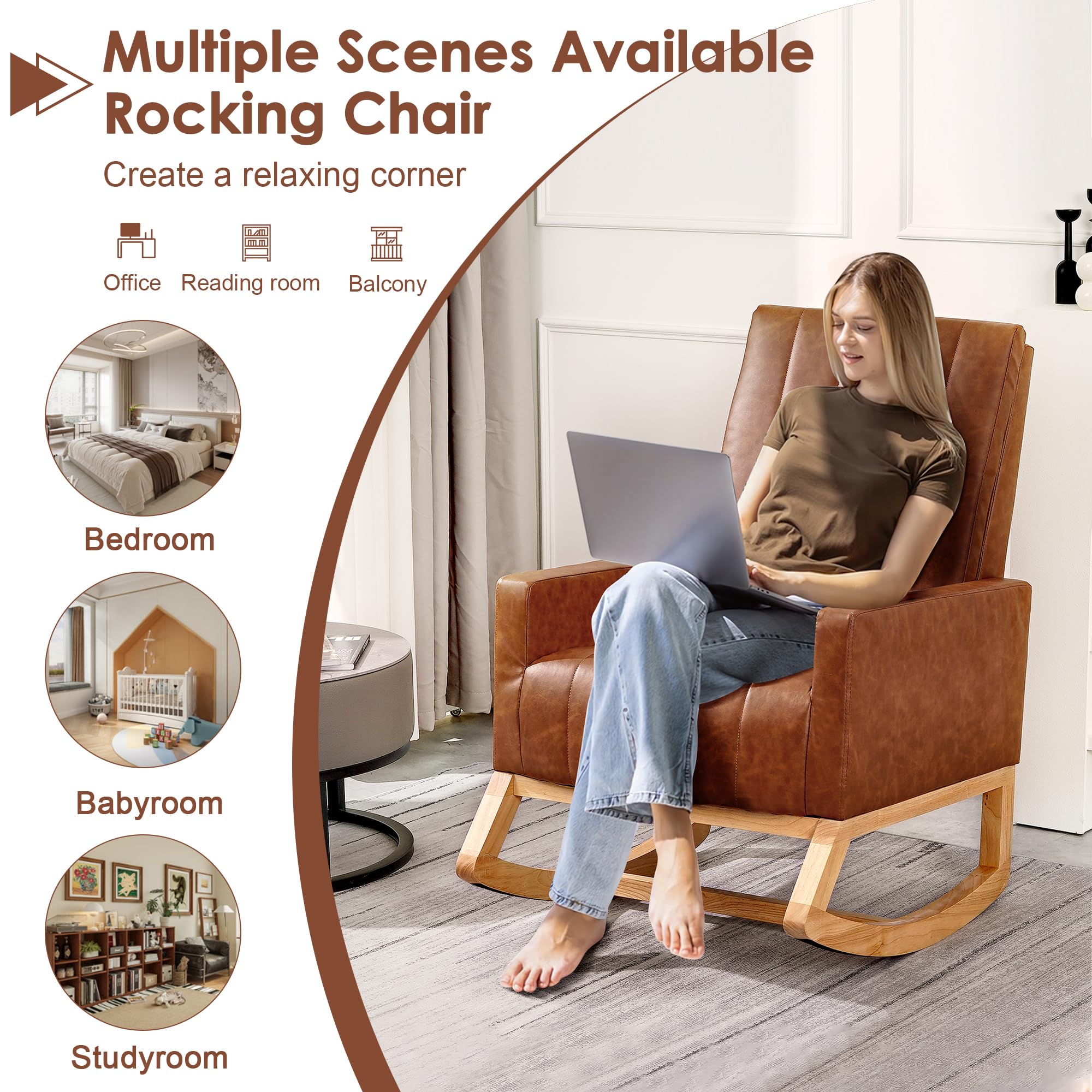 VECELO Modern Leather Rocking Chair with USB Port & Side Pocket - High Back Upholstered Nursery Glider Accent Rocker with Wood Legs for Living Room, Bedroom, Nursery - Perfect for Nursing, Relaxing & Reading (Brown)