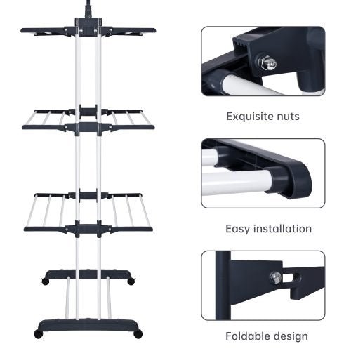 4 Tier Folding Laundry Drying Rack - Portable Stainless Steel Clothes Airer with Wheels | Space Saving for Small Apartments, Dorm Rooms & RV Travel | AMTCR98