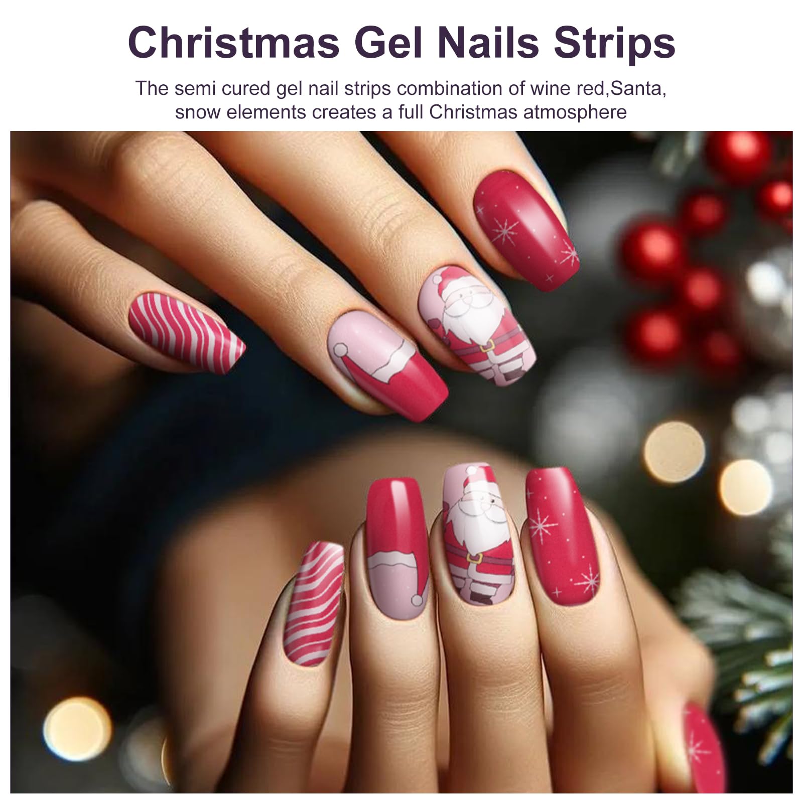 28pcs Christmas Semi Cured Gel Nail Strips - Santa Red Nail Wraps with UV Light for Long Lasting Wear | Easy DIY Nail Art for Holiday Parties & Gift Giving
