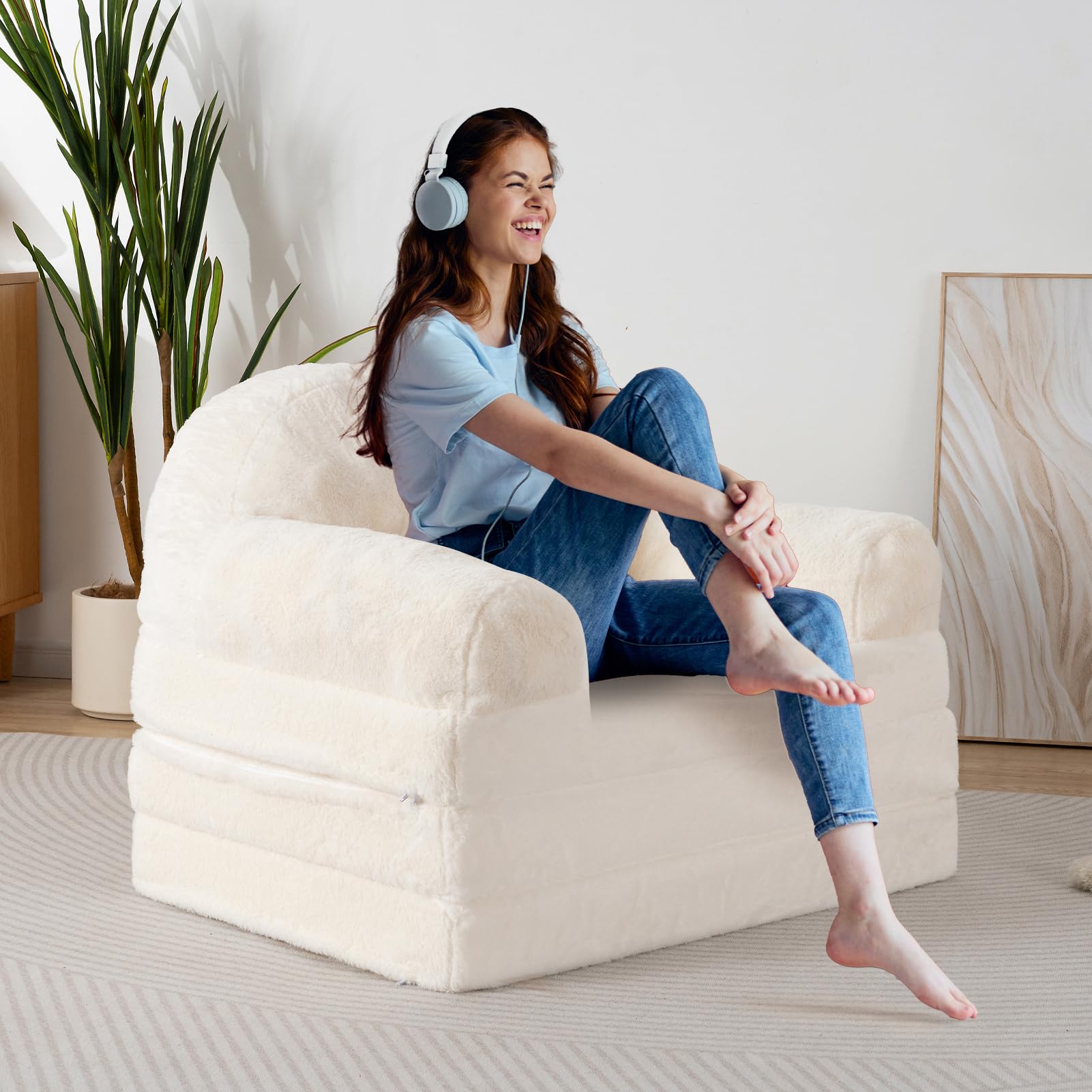 MAXYOYO Convertible Bean Bag Chair to Sofa Bed for Adults - Foldable Floor Mattress & Sleeper - Beige - Perfect for Small Spaces, Dorm Rooms & Lounge Areas