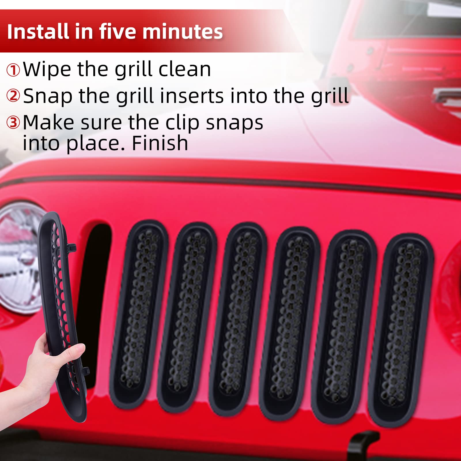 AggAuto Matte Black Grille Inserts for Jeep Wrangler JK & JKU (2007-2018) - 7-Piece Front Mesh Grill Cover Accessories | Off-Road Protection & Stylish Upgrade