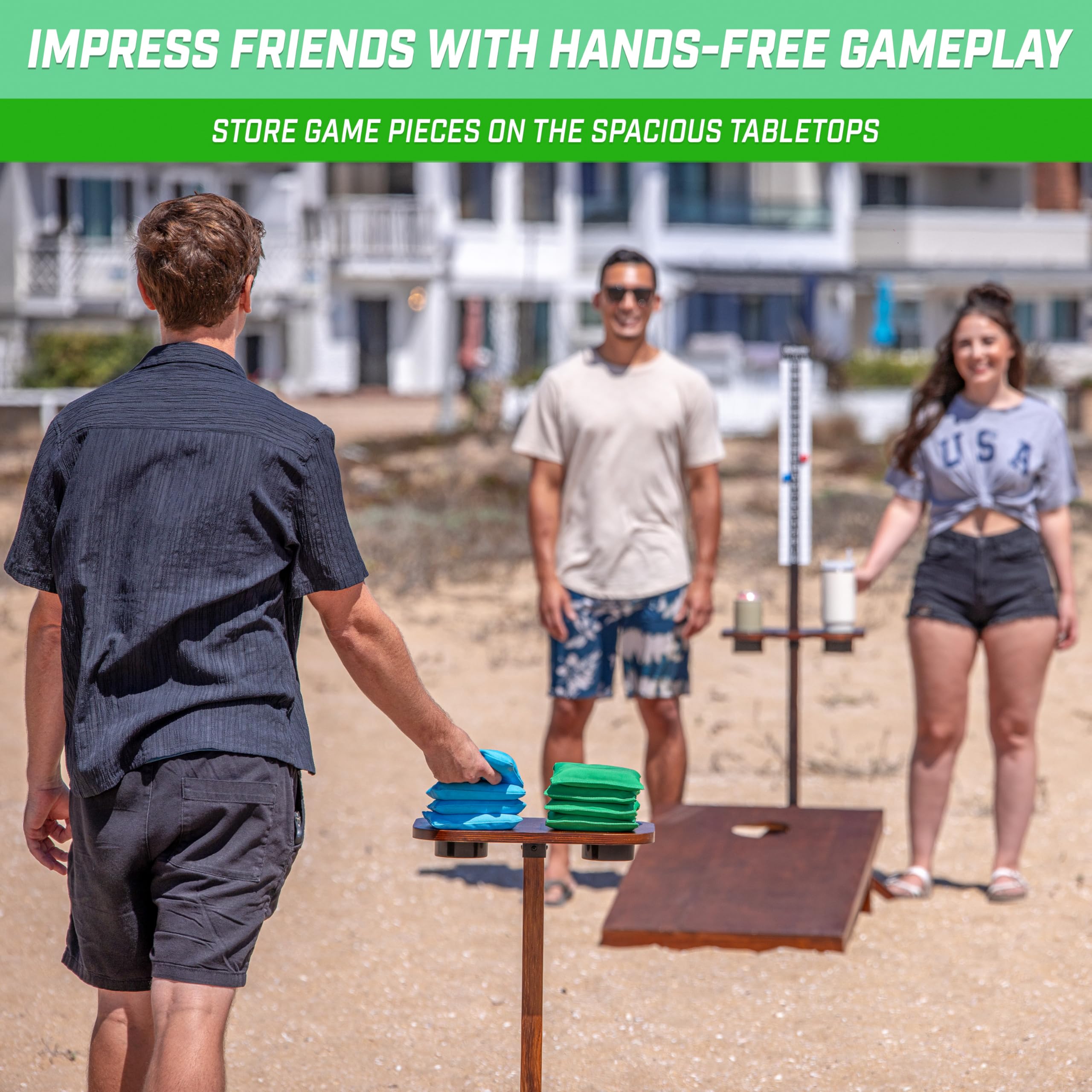 GoSports Wood Cornhole Scoreboard Set - 2 ScoreCaddy Tables with Drink Holders for Backyard Games
