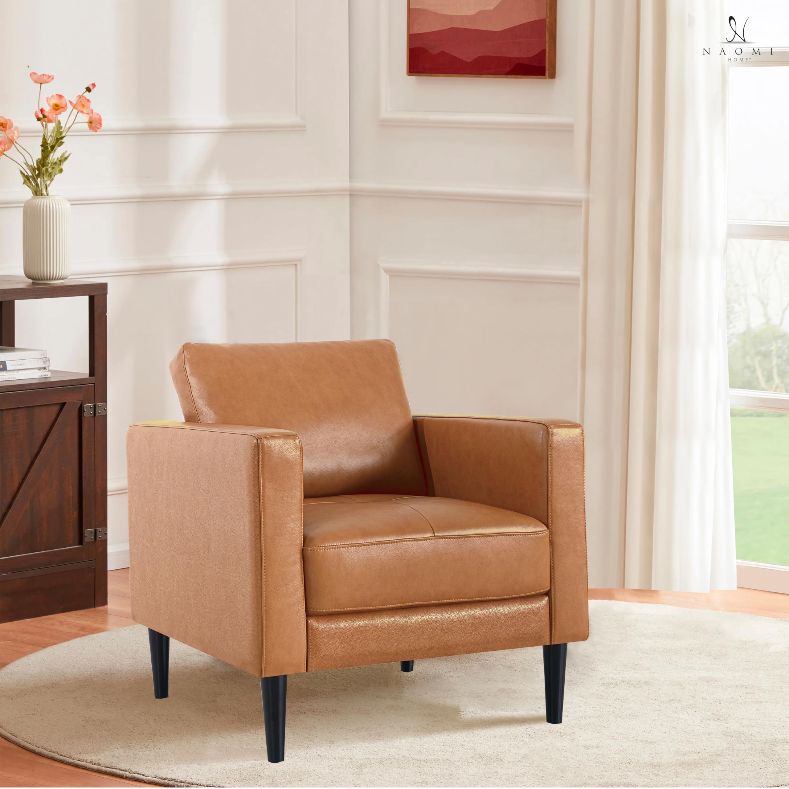 Naomi Home Marisa Genuine Leather Sofa Chair - Single Upholstered Living Room Accent Chair, Real Leather Lounge Chair for Bedroom & Office (Tan) - Perfect for Small Spaces, Reading Nooks & Cozy Corners