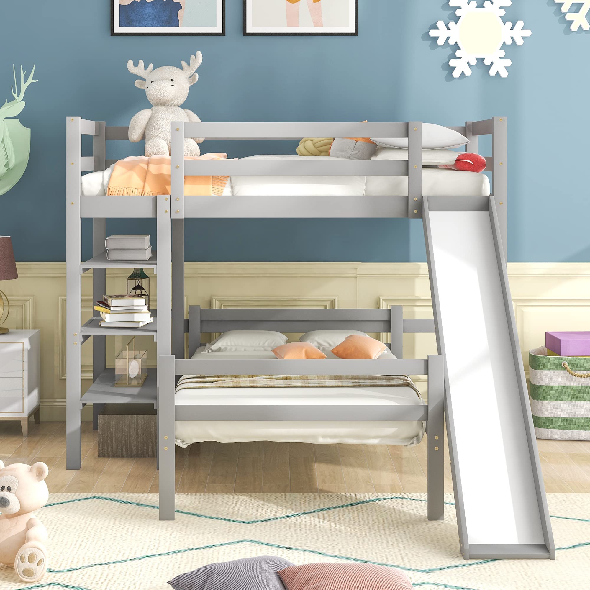 Harper & Bright Designs Twin Size Loft Bed with Slide & Shelves - Space-Saving Twin Over Twin Bunk Bed for Kids & Teens - Perfect for Small Bedrooms, Dorms & Playrooms (Grey)
