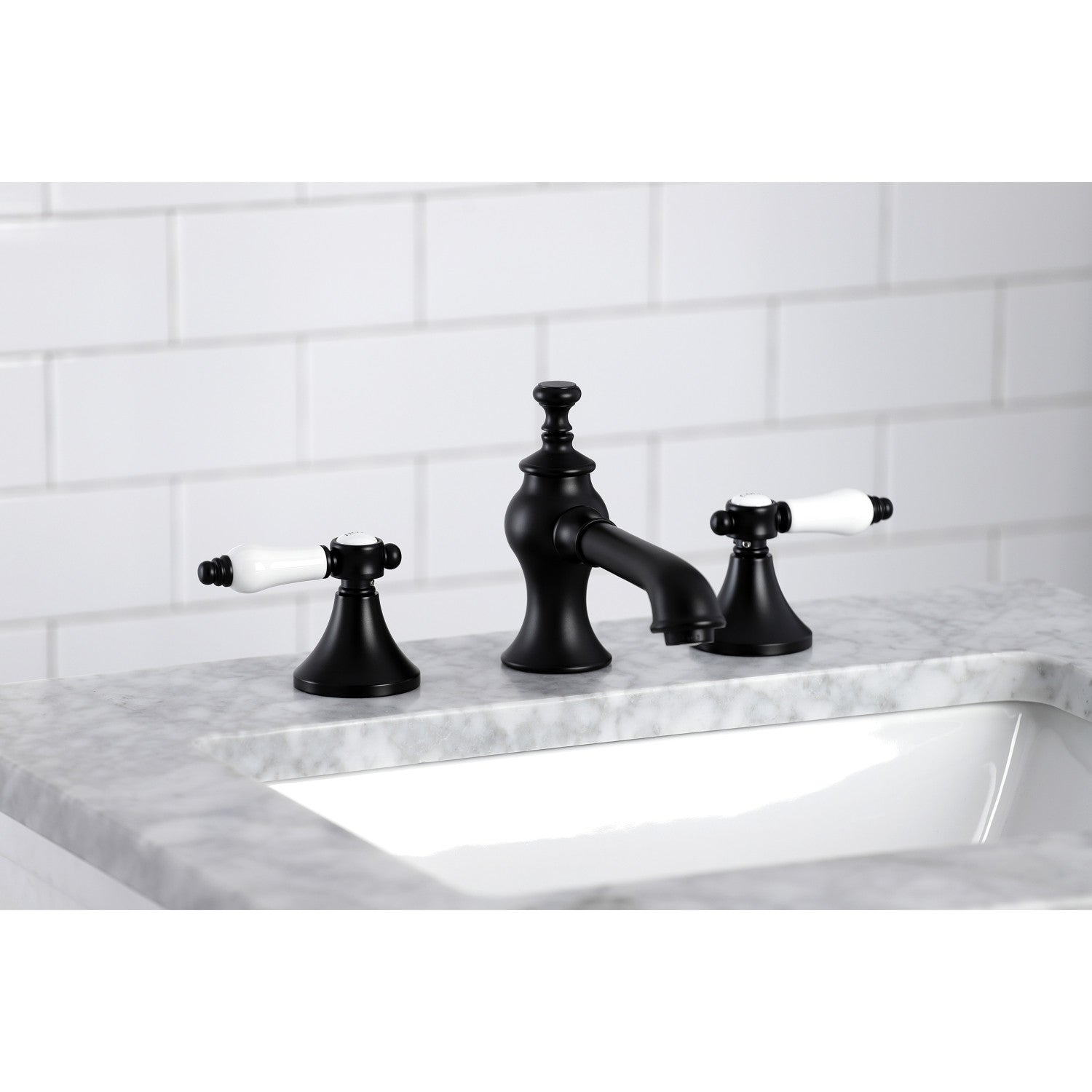 Bel Air KC7060BPL Matte Black Widespread Bathroom Faucet - 2 Handle 3 Hole Deck Mount with Brass Pop Up Drain - Perfect for Modern Bathroom Renovations and Vanity Upgrades