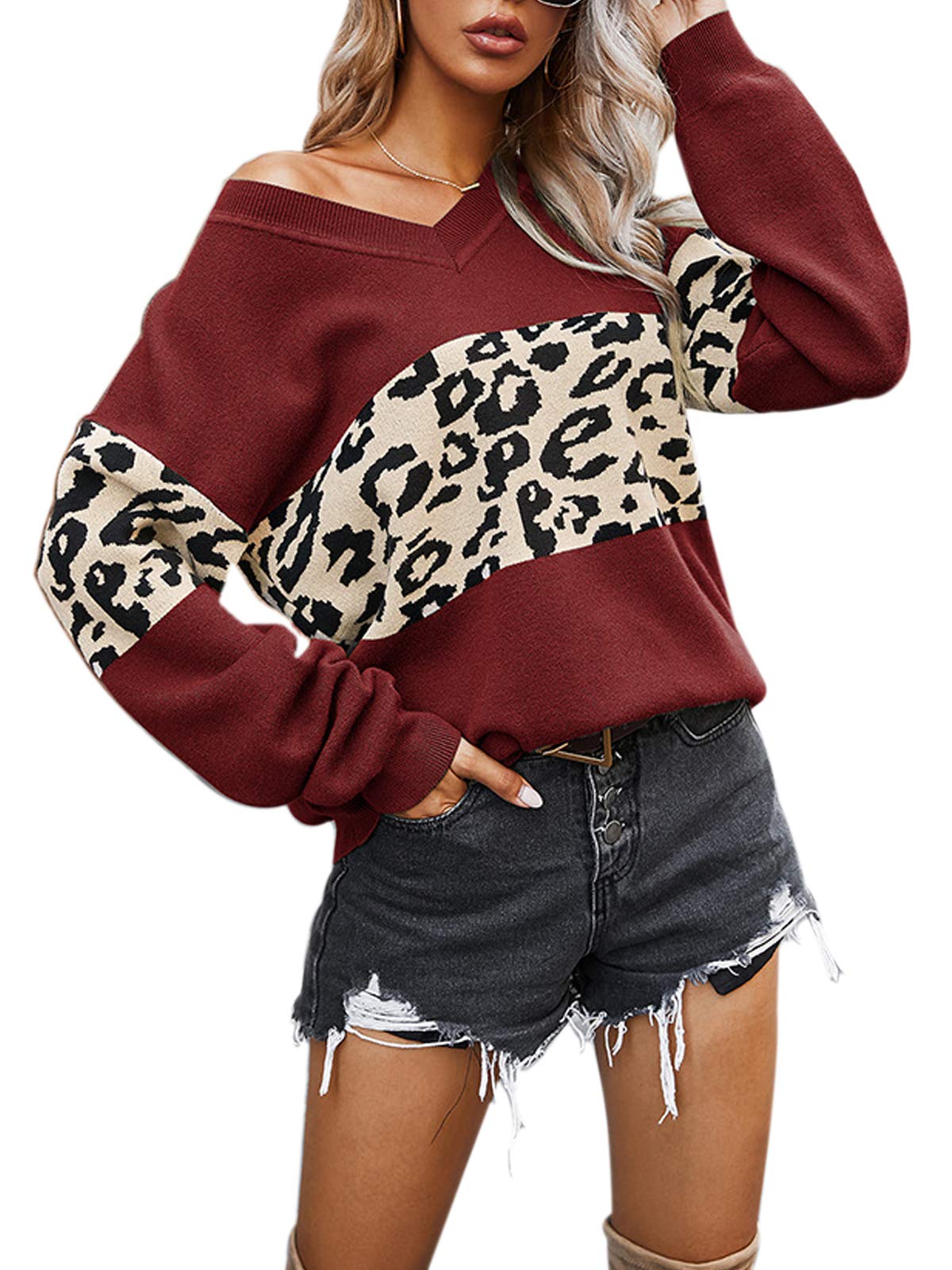 GLIENST Women's Leopard Print V-Neck Sweater - Cozy Knit Pullover for Casual Outfits