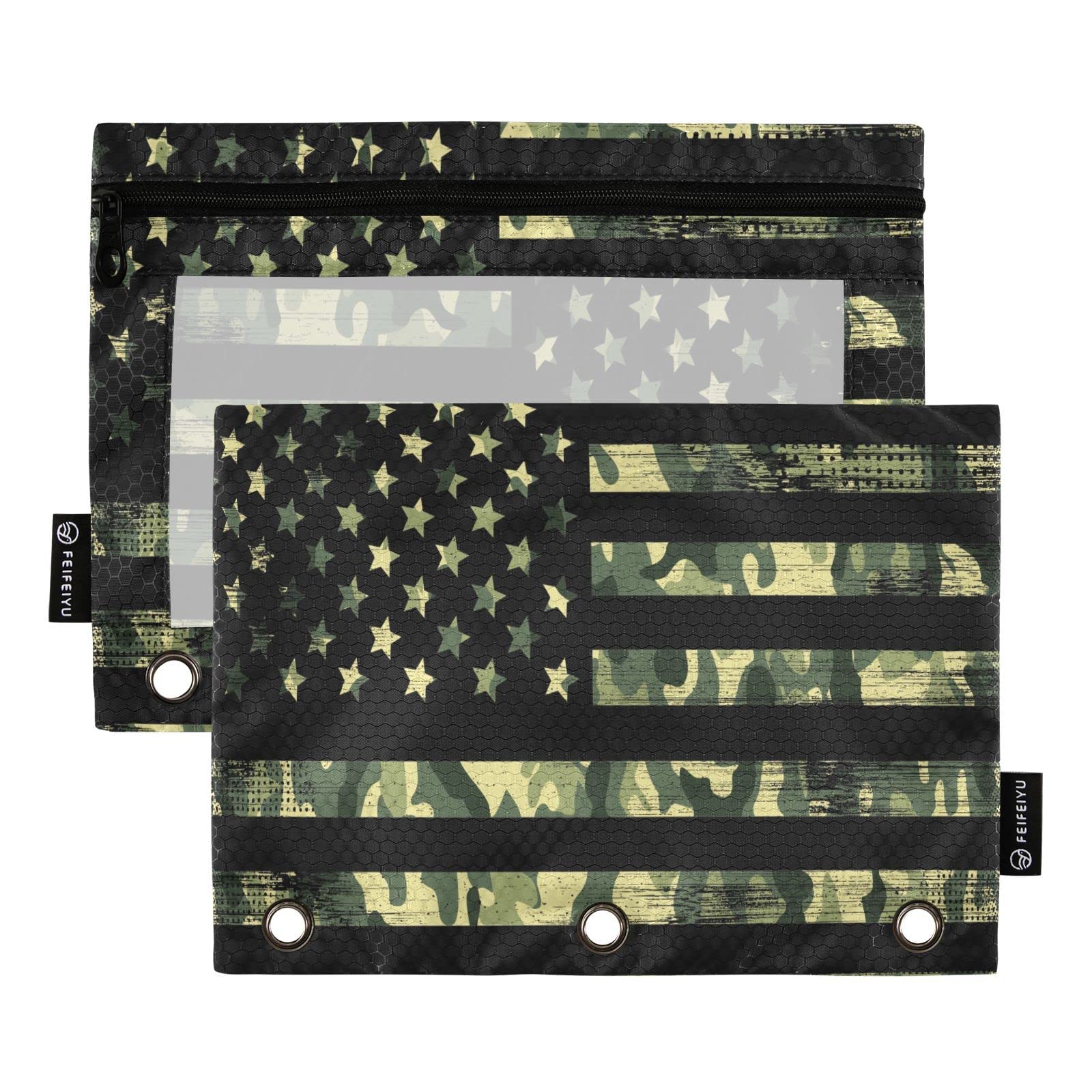 ALAZA American Flag Green Camo 3-Ring Binder Pencil Pouch with Clear Window Zipper - 2 Pack School & Office Supplies for College Students, Teachers & Professionals - Perfect for Organizing Pens, Pencils & Cosmetics in Binders