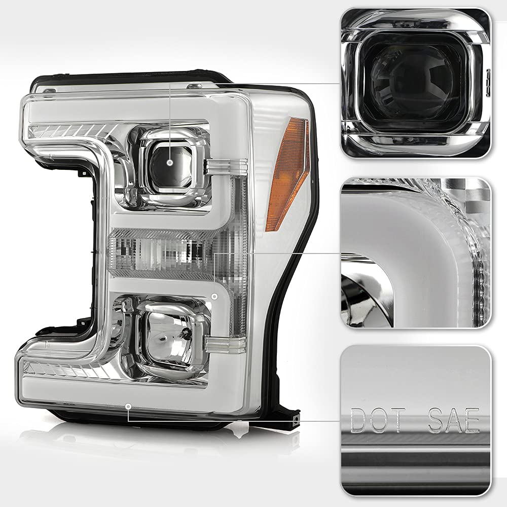 ACANII Chrome Dual LED Tube Projector Headlights Set for 2017-2019 Ford F250 F350 Super Duty - Left & Right Pair - Upgrade Your Truck's Lighting for Night Driving & Off-Road Adventures