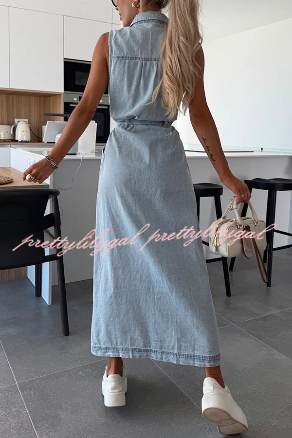 Solid Color Sleeveless Denim Midi Dress with Waist Tie & Pockets - Casual Summer Dress for Women, Perfect for Beach Outings, Picnics, and Weekend Brunch