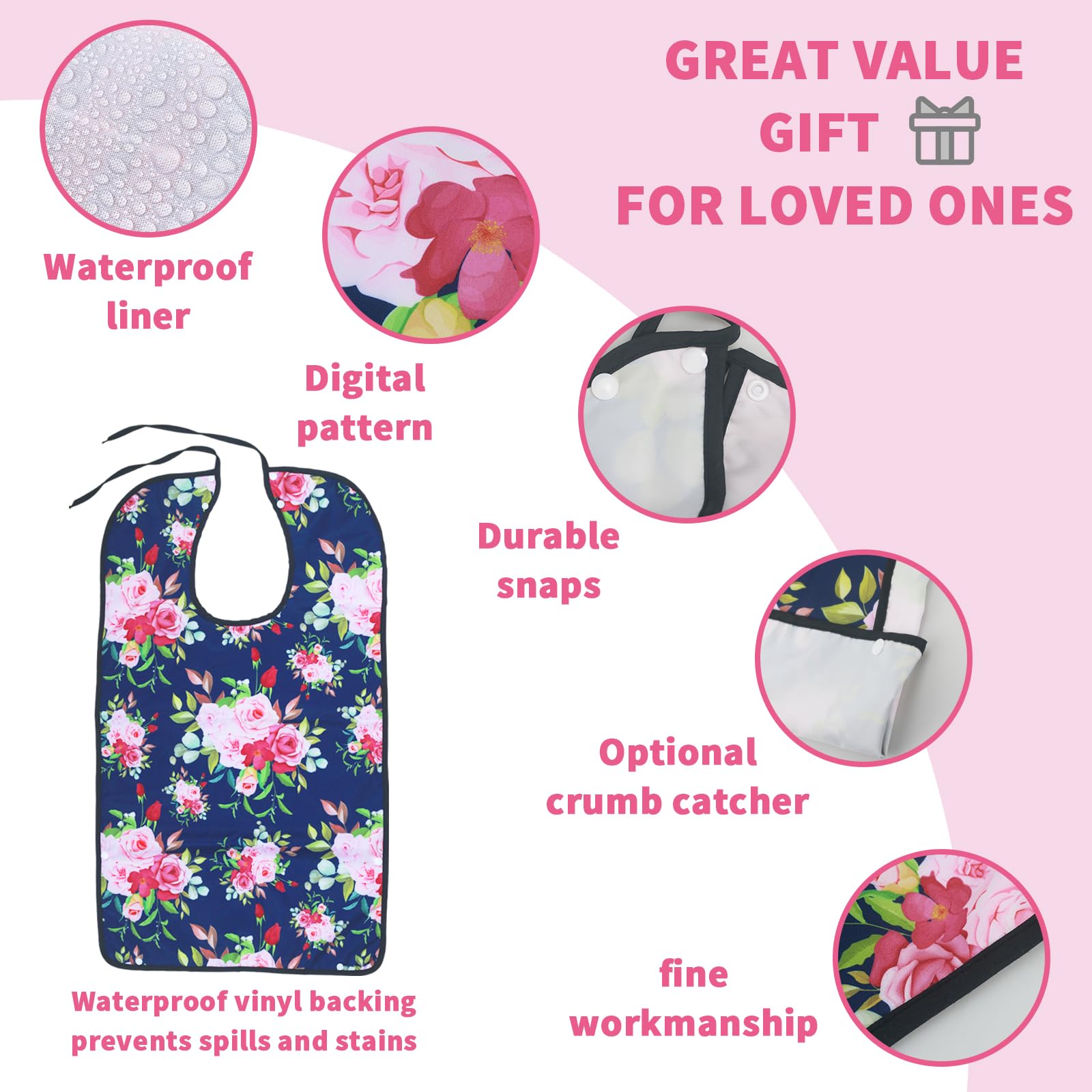 3pcs Washable & Reusable Waterproof Adult Bibs for Women & Elderly - Large Feeding Bib with Crumb Catcher - Perfect Clothing Protector for Dining, Nursing Homes & Senior Care Gifts