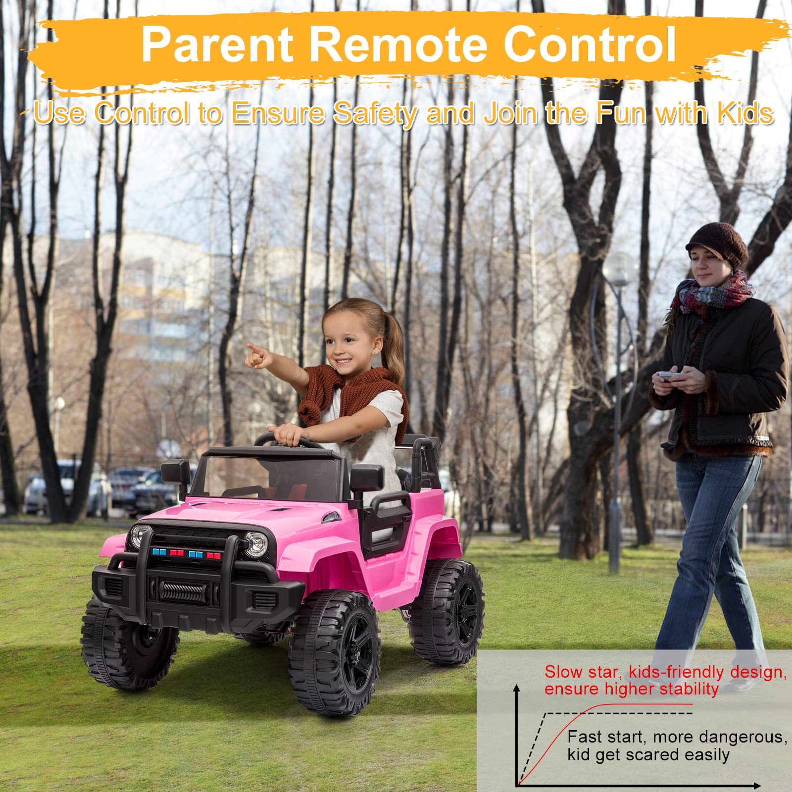 **12V Kids Ride On Truck with 2.4G Remote Control - Electric Ride-On Car for Ages 3-5 | 3 Speed Modes, Spring Suspension, LED Lights, Horn, Music Player & Seat Belts - Pink | Perfect for Indoor & Outdoor Play, Birthday Gifts & Toddler Fun**