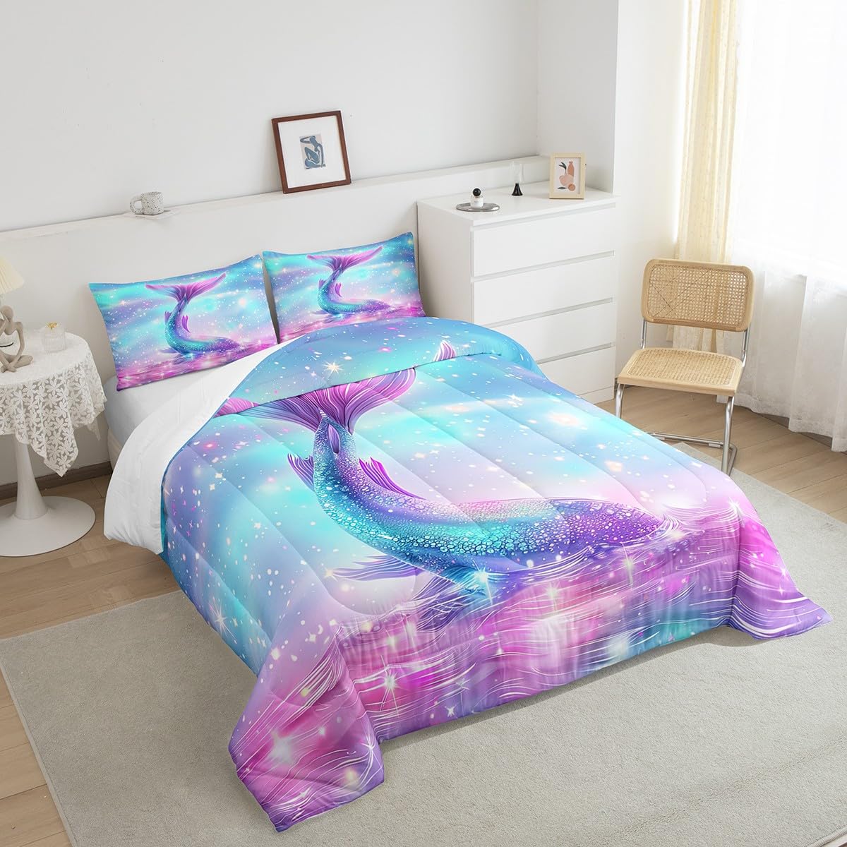 Erosebridal Mermaid Tail Duvet Cover Set - Twin Size Pastel Pink & Teal Ocean Theme Comforter with Glittery Starfish & Seashells for Girls Bedroom Decor | Kids Nautical Sea Animal Bedding | Perfect for Mermaid Themed Rooms, Birthday Gifts & Fantasy Sleepovers