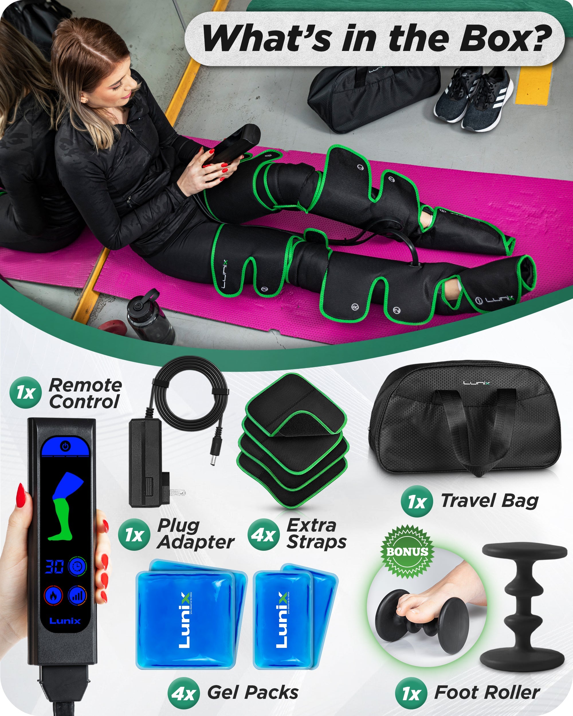 Upgraded LX10 Full Leg Compression Massager with Hot/Cold Pack - Green - Relieve Muscle Pain & Improve Circulation for Athletes & Recovery