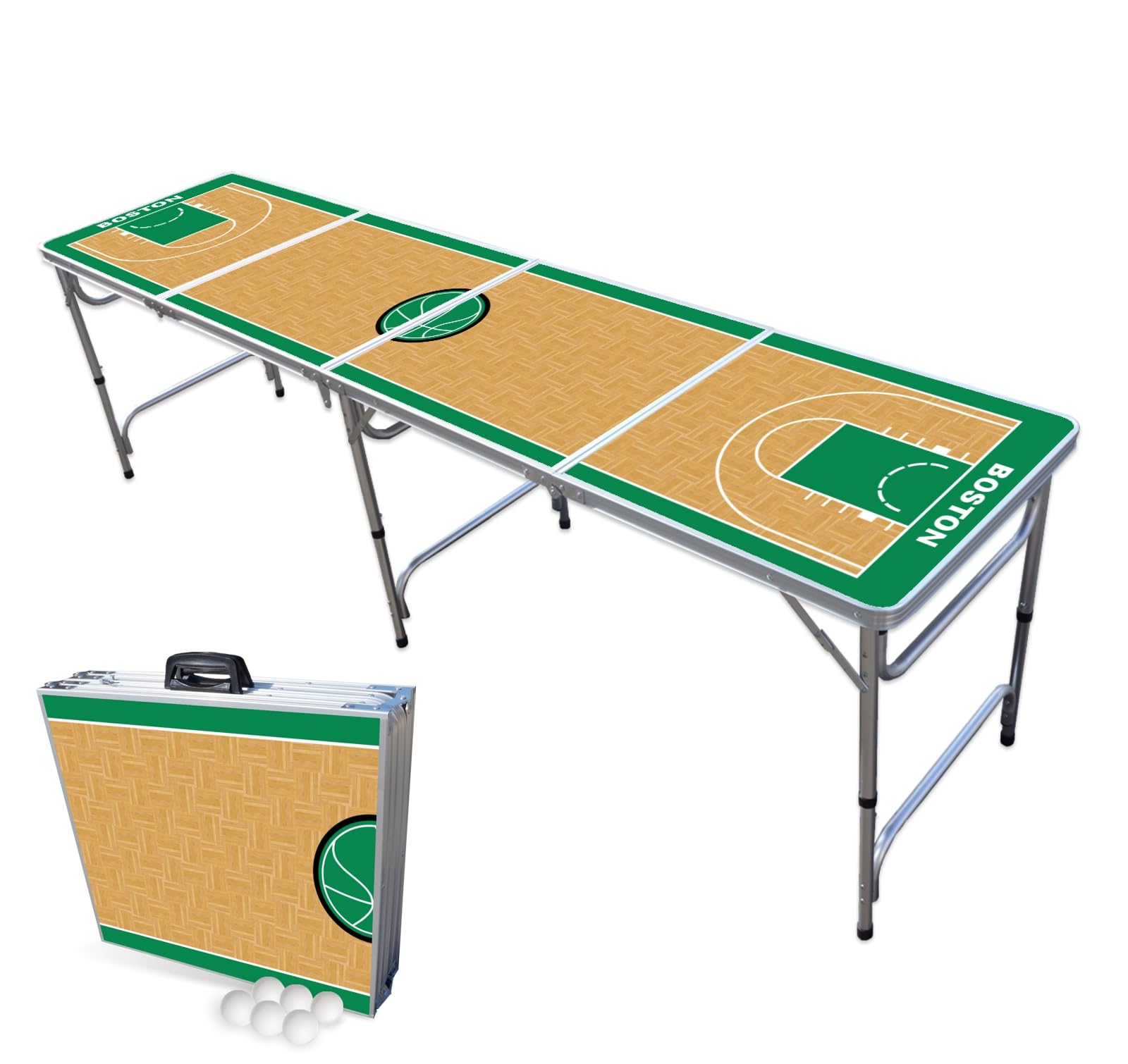 8-Foot Folding Portable Beer Pong Table with Optional Cup Holders & LED Lights - Boston Celtics Basketball Court Design (Choose Your Model) - Perfect for Backyard Parties, Tailgating & College Events