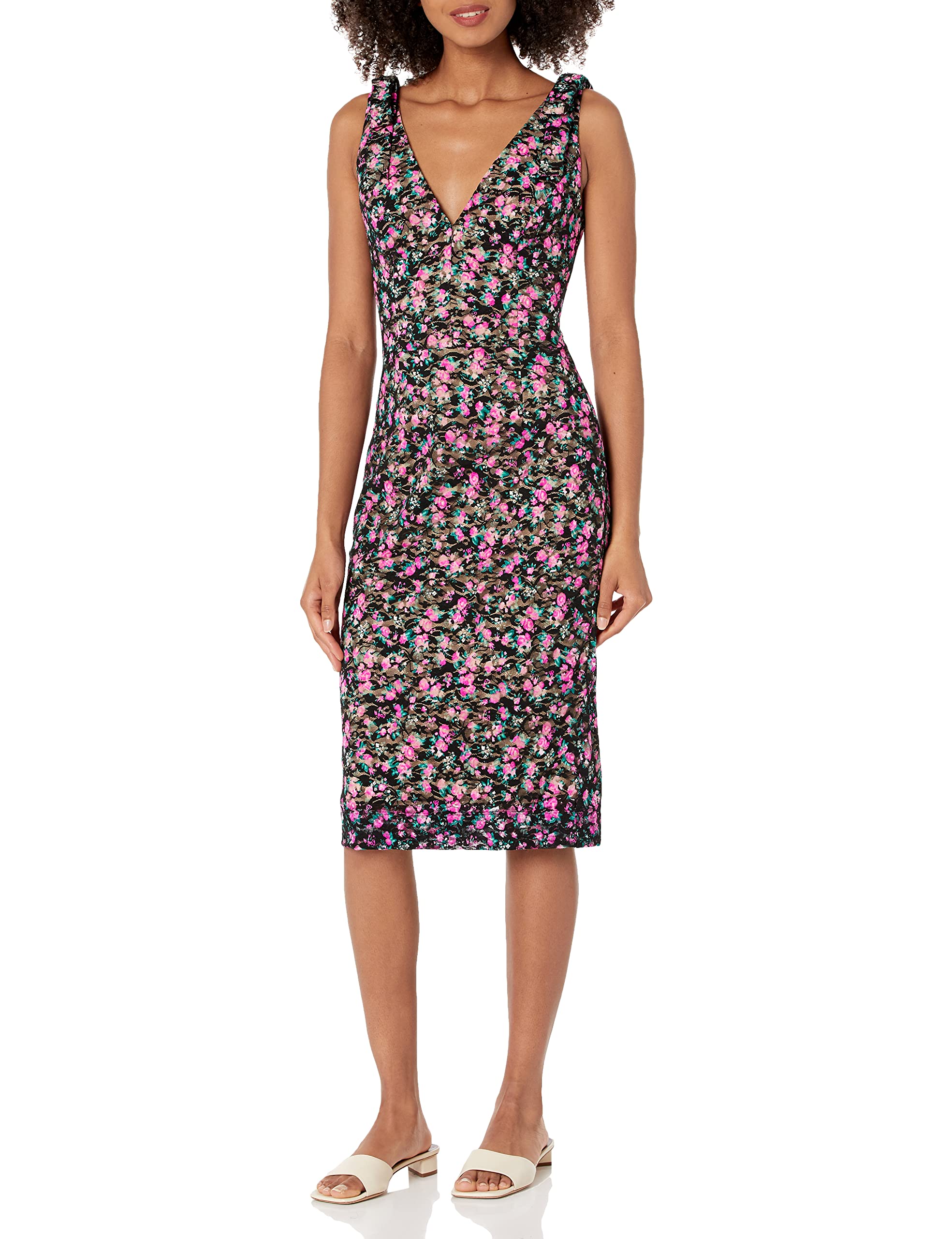 Dress the Population Women's Mary Shoulder Bow Tie Plunge Neckline Bodycon Midi Dress - Elegant Cocktail Party & Evening Gown for Special Occasions