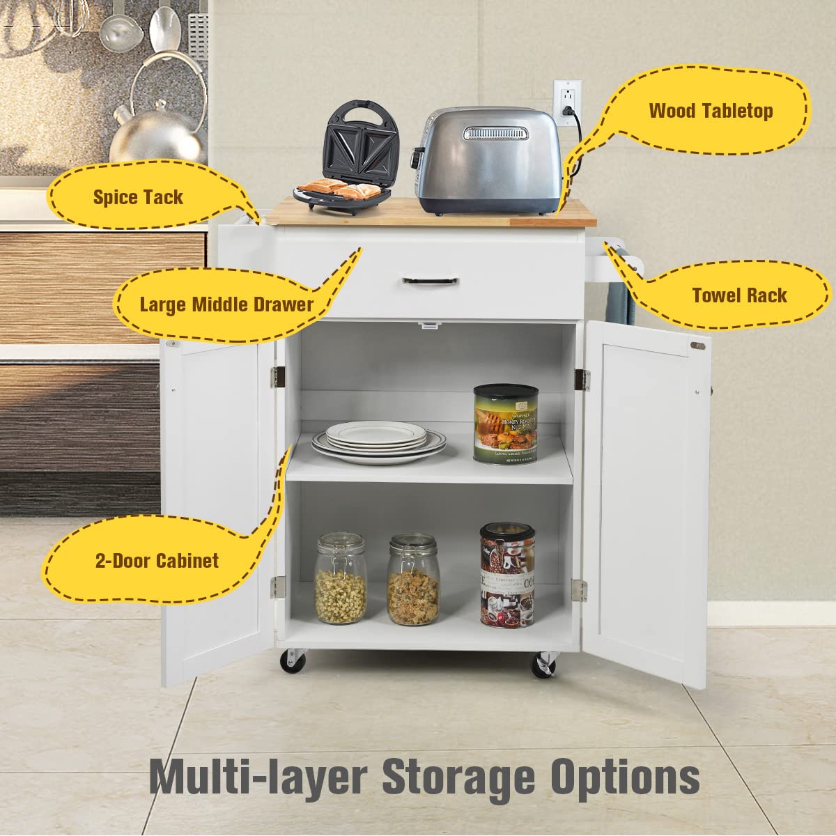 PETSITE Kitchen Island Cart with Wheels - Rolling Mobile Kitchen Storage Cabinet with Drawers, Spice Rack & Towel Rack - Perfect for Small Kitchens, Apartments & Food Prep Stations