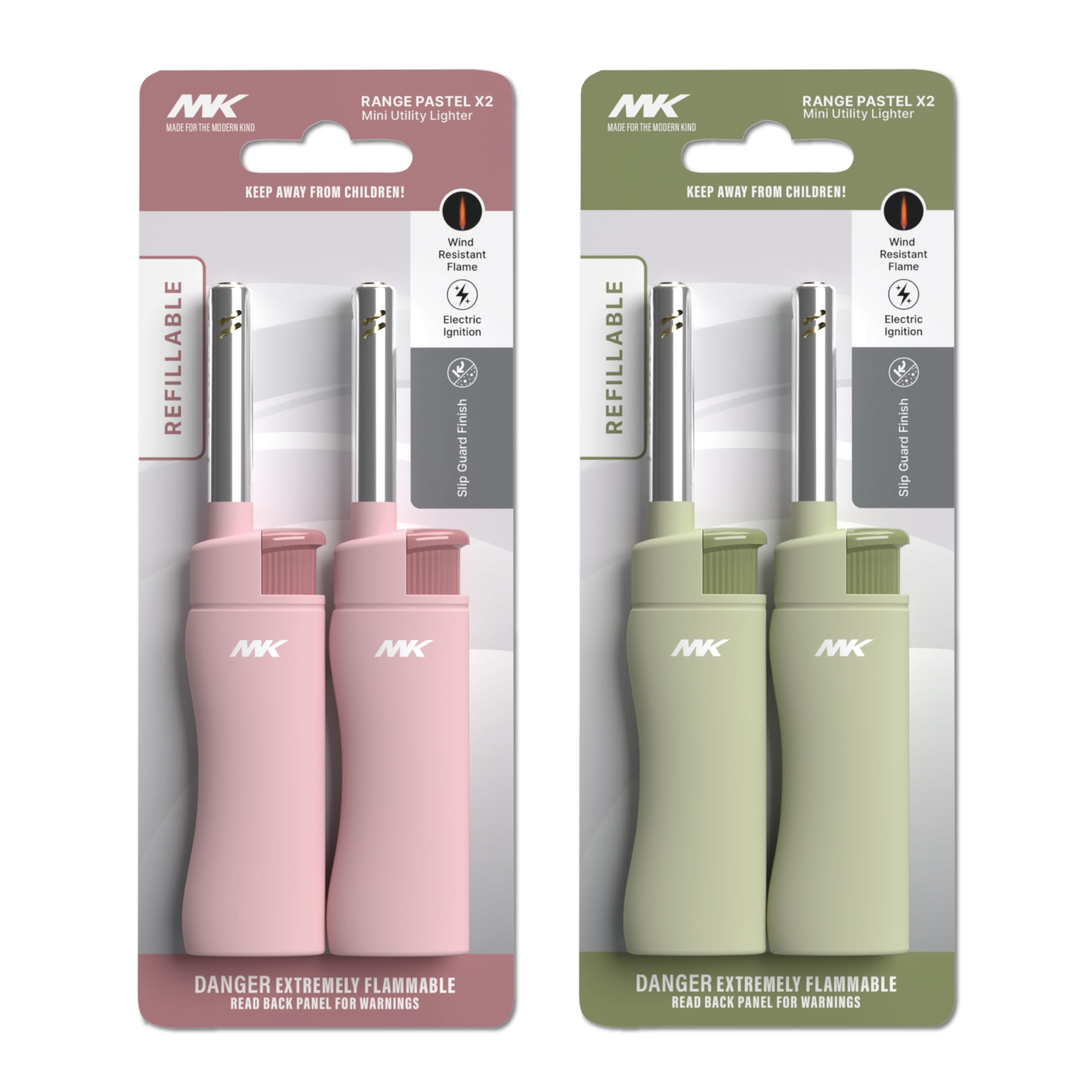 MK Refillable Butane Lighter - Windproof Flame Candle Lighter for BBQ, Camping & Outdoor Use - Pastel 4-Pack - Perfect for Lighting Candles, Fireplaces, Grills & Campfires