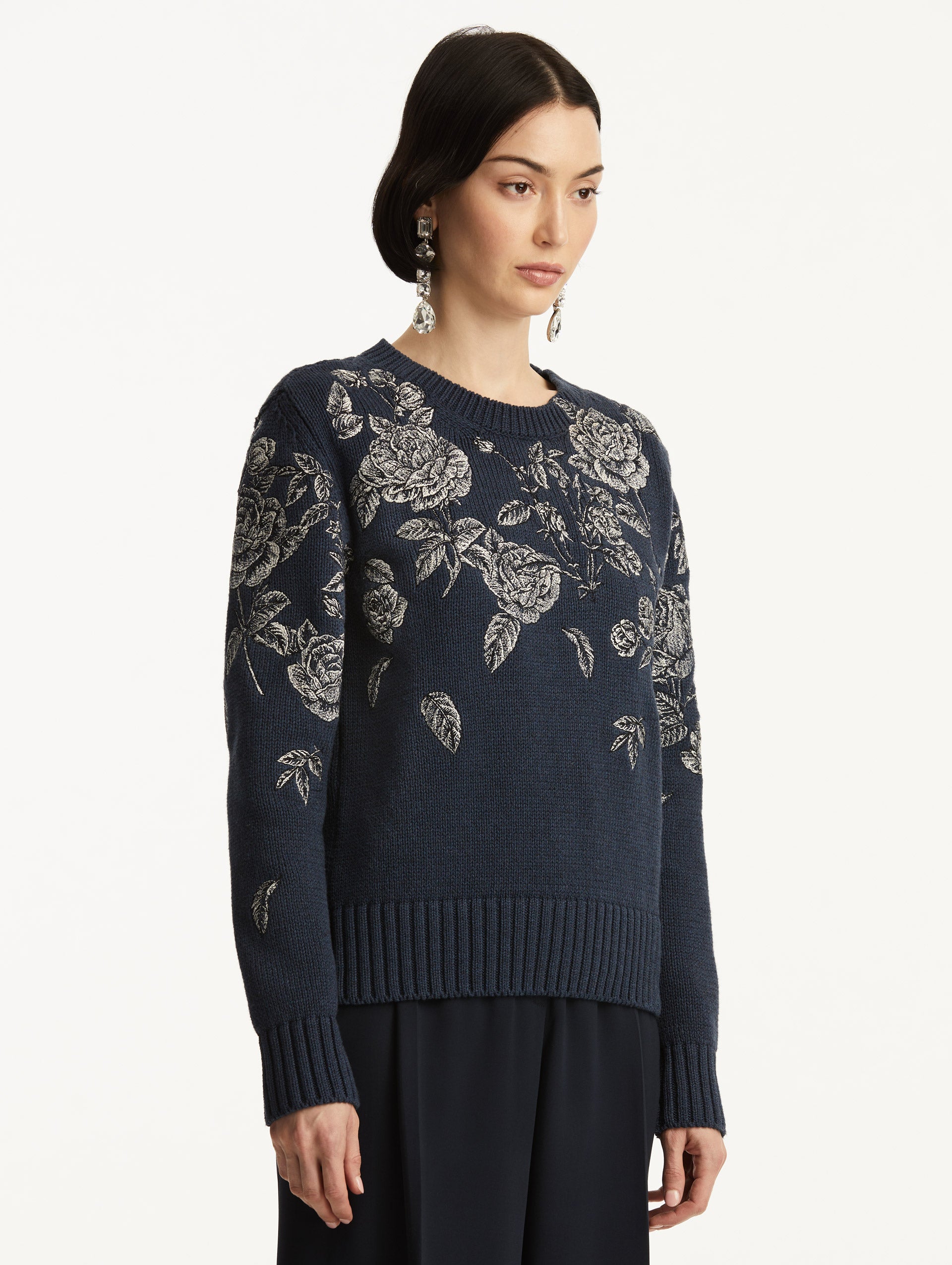 Rose Embroidered Pullover Sweater - Women's Floral Embroidered Knit Sweater for Casual Wear, Date Night & Fall Fashion
