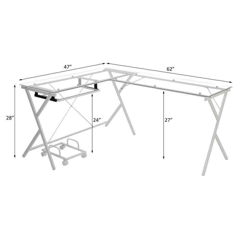 Acme Demas L-Shaped Glass Computer Desk with Holder - Clear & White Modern Office Desk for Home & Workspace | Perfect for Small Spaces, Gaming Setup & Remote Work