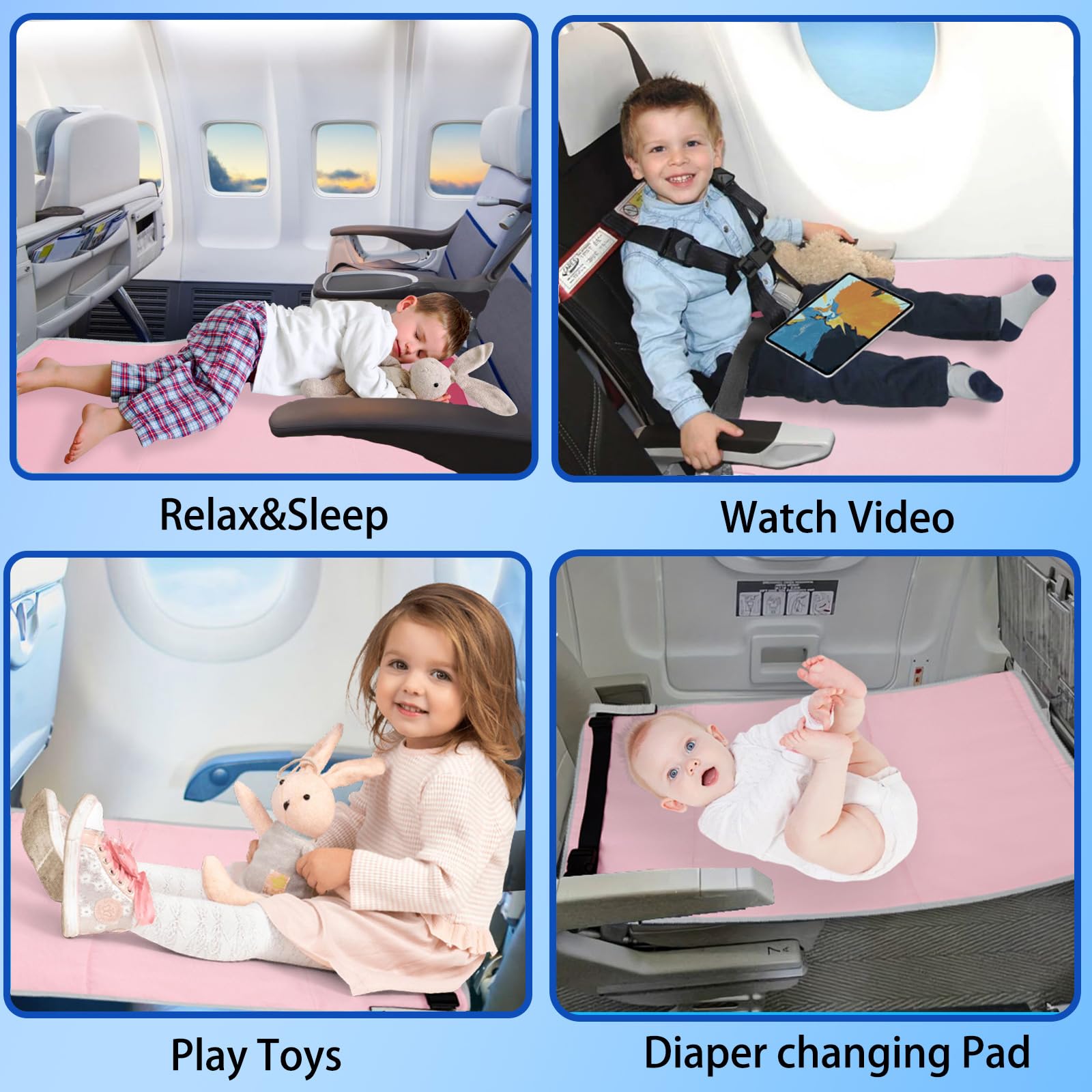 FOTN Toddler Airplane Bed - Kids Travel Seat Extender & Portable Footrest for Safe Sleeping on Flights | Airplane Essentials for Infants & Children | Perfect for Long Trips & Overnight Travel (Pink)
