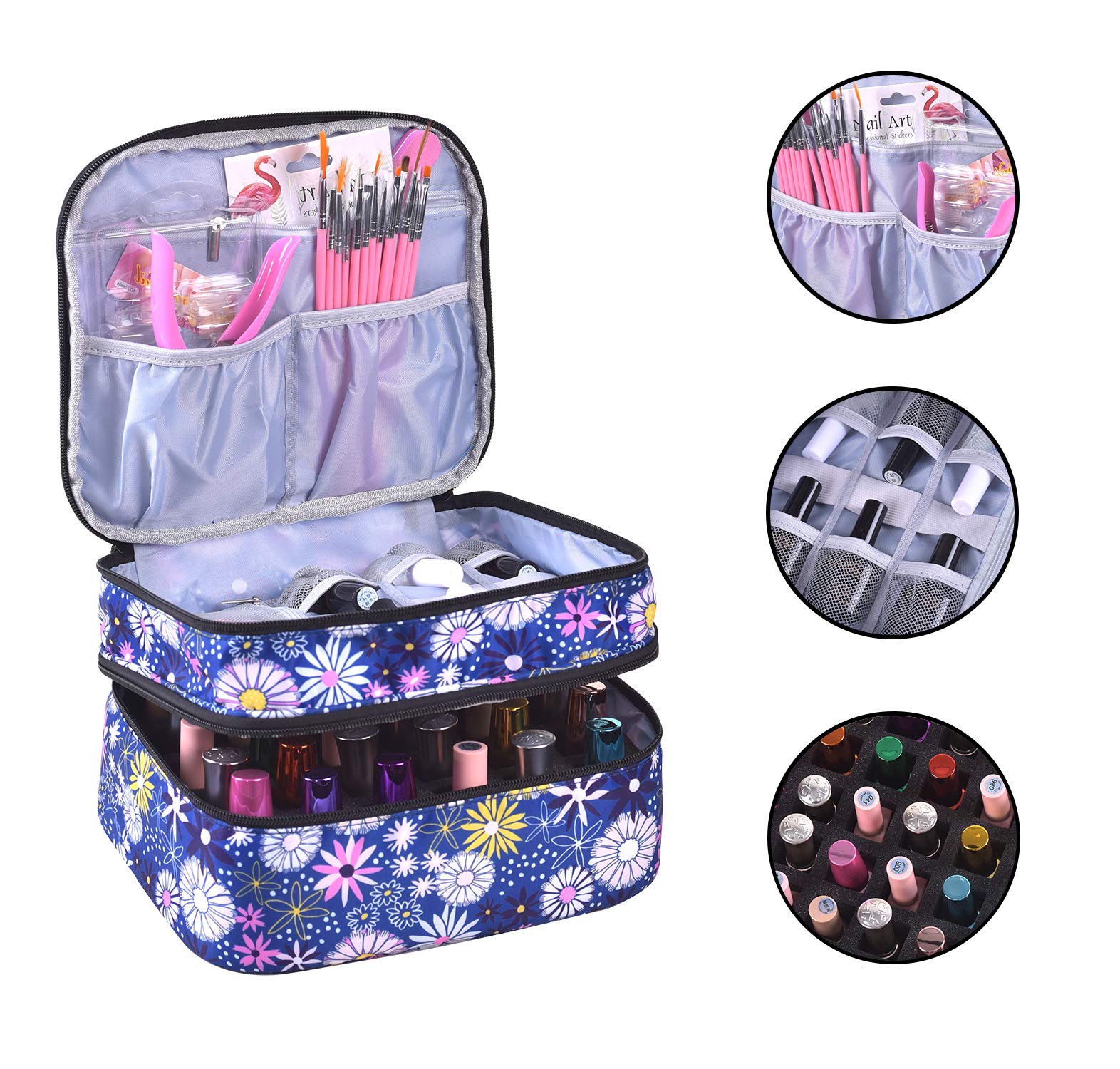 30 Bottles Nail Polish Organizer - Double Layer Nail Varnish Storage Case with Handle, Portable Nail Supply Carrying Bag for Salon & Travel (Flower Design) - Perfect for Professional Nail Technicians & DIY Manicures at Home