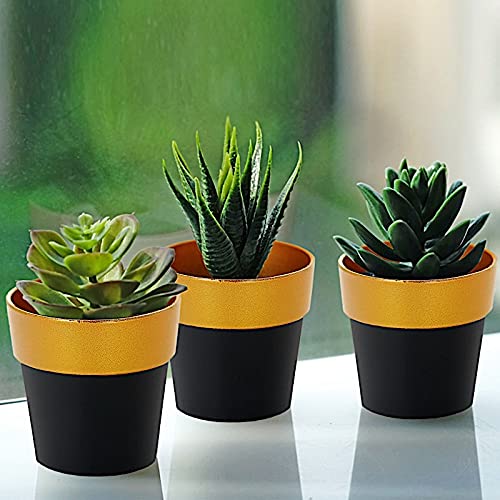 3-Inch Black Gold Metallic Round Plastic Flower Pots - Set of 3, Wedding Centerpieces, Home & Garden Decor, Perfect for Wedding Receptions, Table Decorations, and Indoor Plant Displays