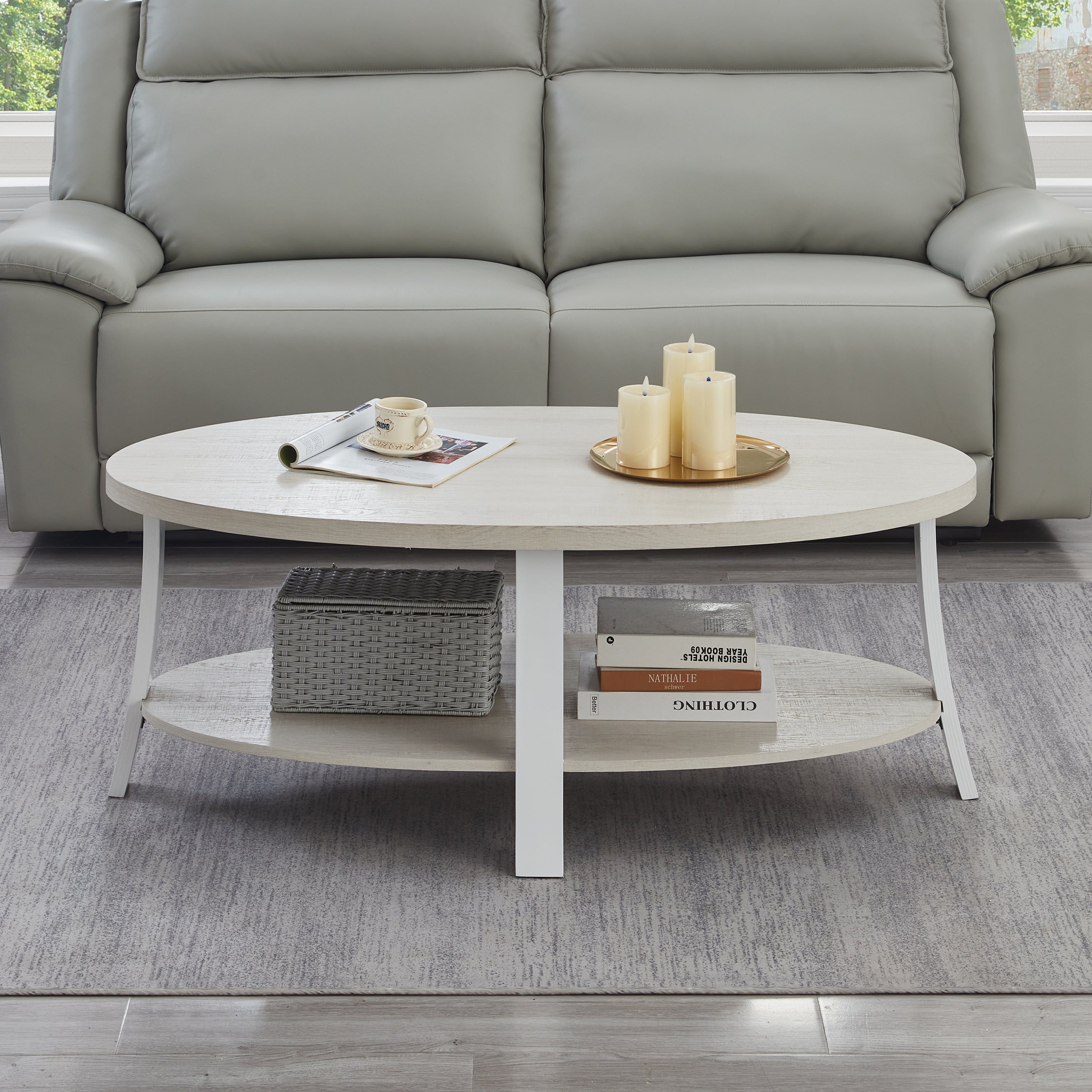 Roundhill Furniture Anze Contemporary Oval Wood Shelf Coffee Table - Modern Living Room Centerpiece for Home Decor & Storage