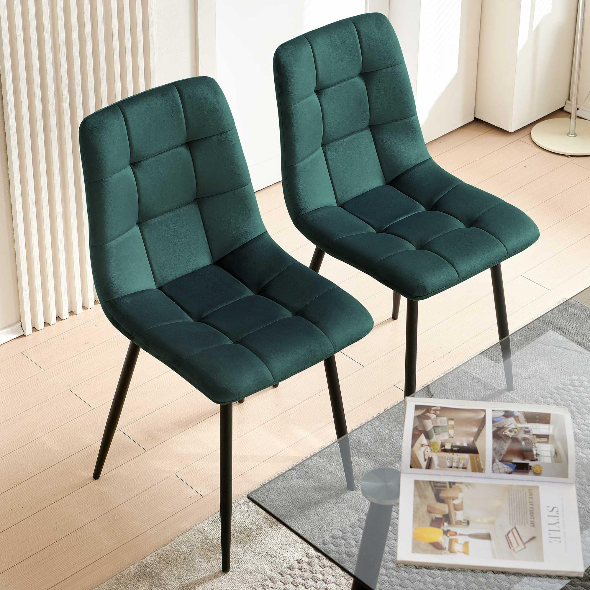 NORDICANA Forest Green Velvet Dining Chairs Set of 4 - Modern Tufted Armless Side Chairs with Sturdy Metal Legs for Kitchen, Living Room, Dining Room & Vanity | Perfect for Dinner Parties, Home Decor & Small Space Solutions