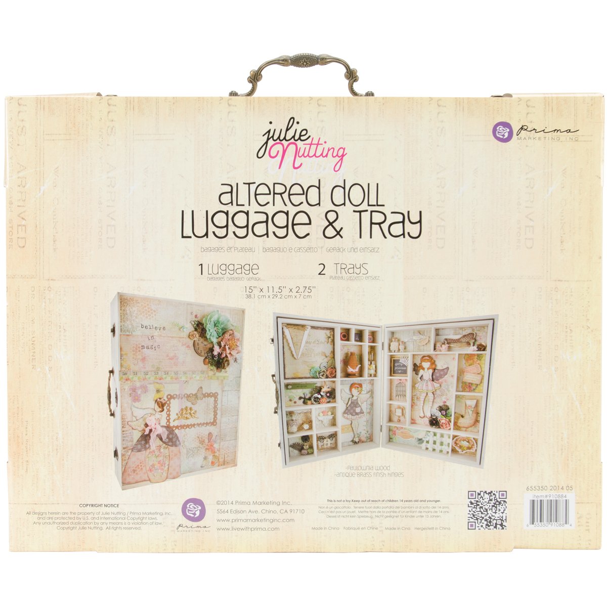 Prima Marketing 910884 Altered Doll Wooden Luggage Case with Removable Trays - 15 x 11.5 x 3 Inches - Vintage Style Storage for Doll Clothes & Accessories - Perfect for Doll Collectors, DIY Projects & Travel Play Sets
