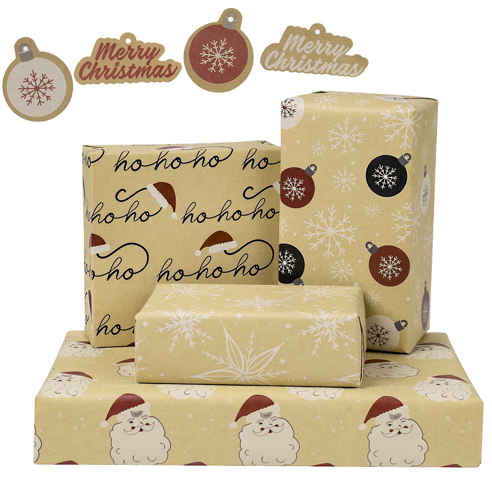 BIOBROWN Eco-Friendly Christmas Wrapping Paper Set - 4 Large Kraft Sheets (27.5x39.4 inches) with Gift Tags - Perfect for Holiday Gift Wrapping, DIY Crafts & Party Decorations