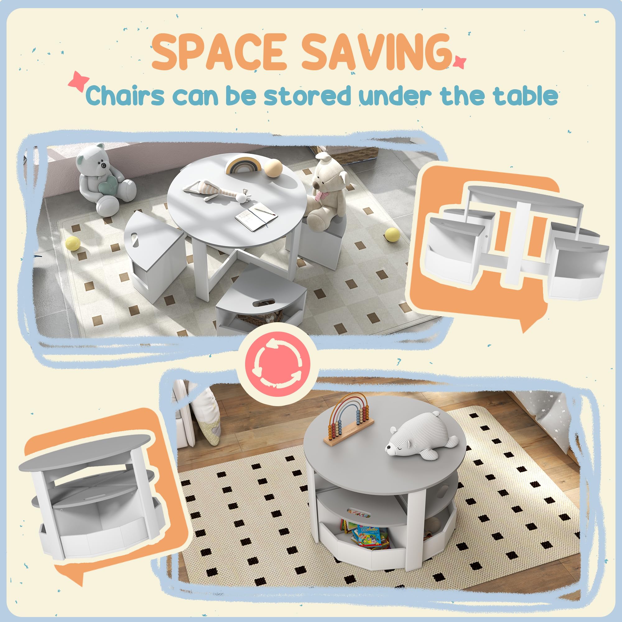 Qaba 5-Piece Kids Table and Chair Set with Storage - Toddler Activity Table for Art, Crafts, Reading - Perfect for Classroom, Playroom, Daycare & Home (Grey) - Encourage Creativity & Learning in Children