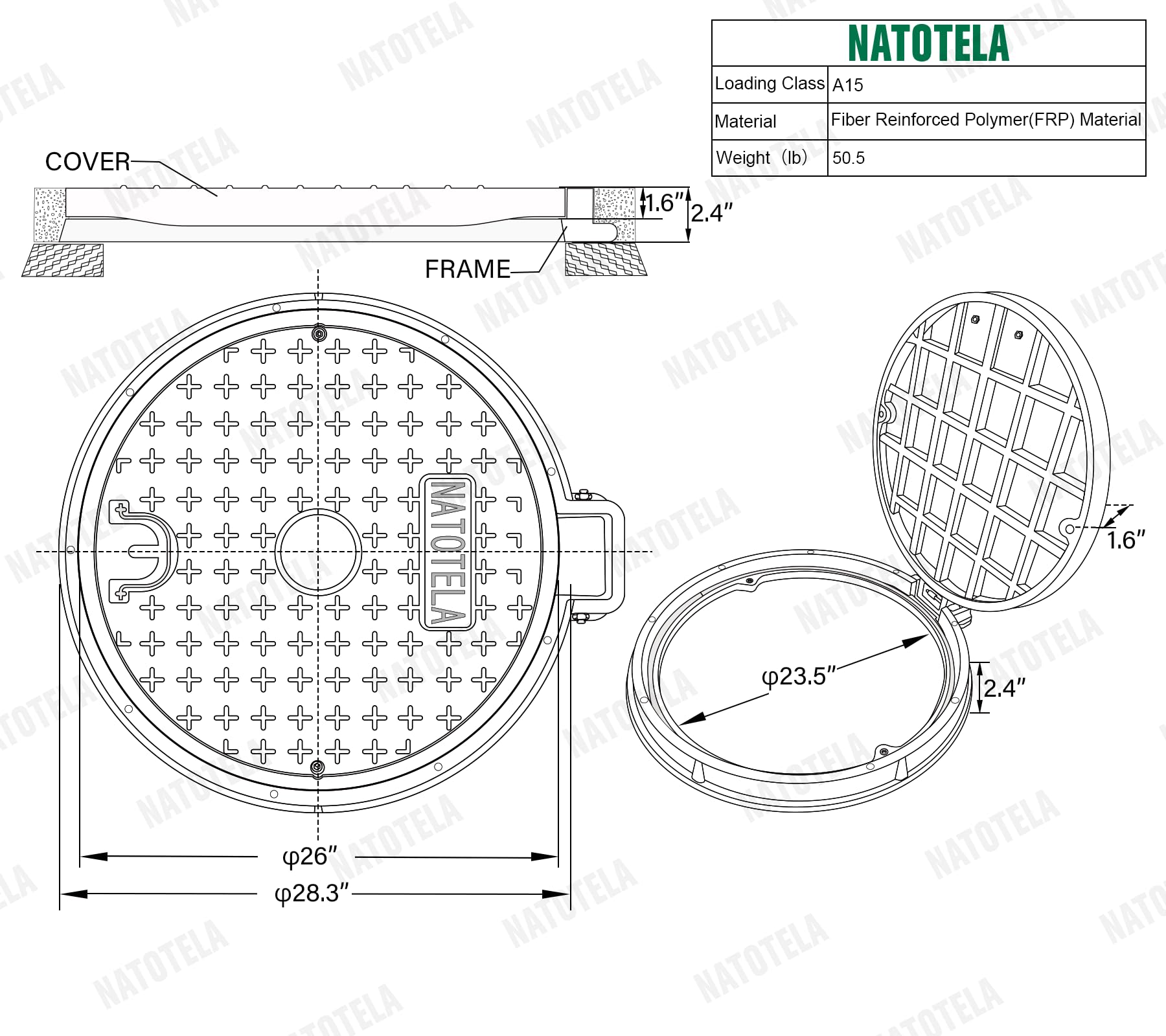 26in Fiberglass Manhole Cover with Reinforced Steel Frame - 24in Clear Opening Round Solid Top Septic Tank Lid - Bolted Down Base & Handle - Heavy Duty Sewer Cover (28in Overall Size) - Ideal for Underground Utility Access, Drainage Systems & Municipal Infrastructure
