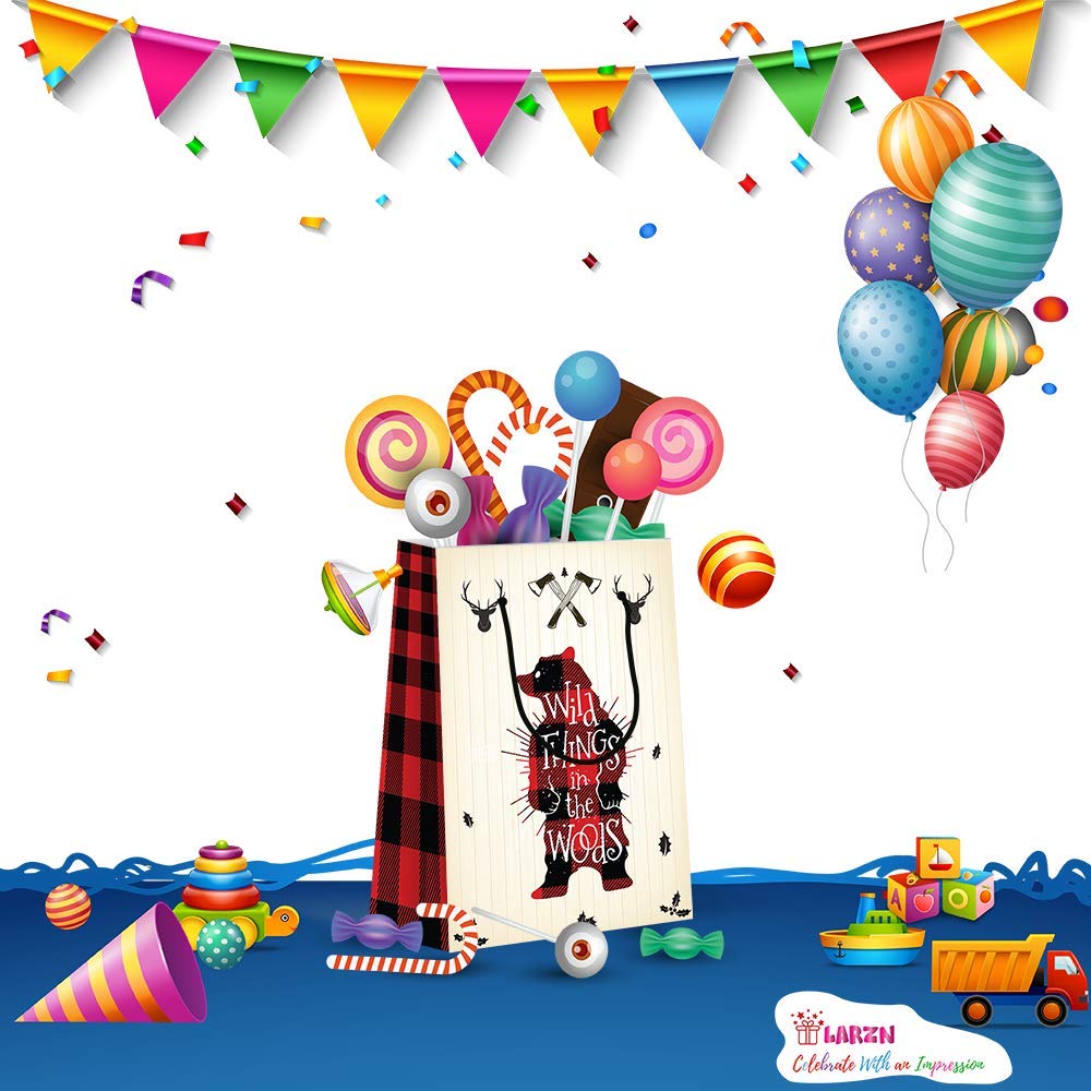 Premium Lumberjack Party Favor Bags - 12 Pack Red Plaid & Polka Dot Winter Themed Goodie Bags (8.5