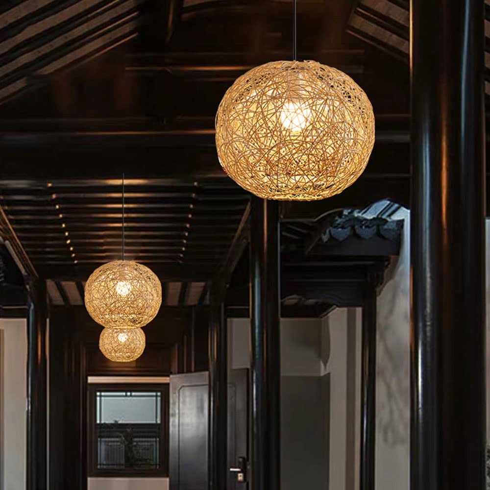 Handwoven Bamboo Pendant Light - Natural Rattan Chandelier for Farmhouse, Dining Room & Bedroom | Eco-Friendly Hanging Lamp for Home Decor, Kitchen Island Lighting, Patio & Living Room