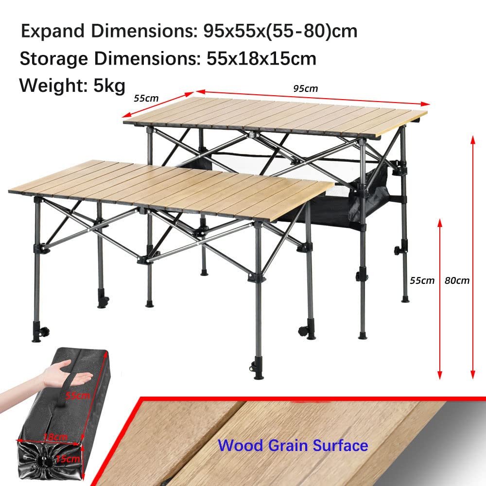 Portable Adjustable Height Folding Aluminum Camping Table with Storage Bag - Lightweight Picnic Table for BBQ, Beach, Party, Backyard, Hiking & Outdoor Adventures (Wood Grain Design)