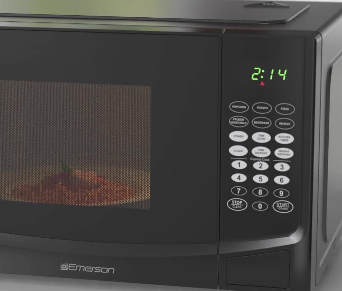 Emerson MW9255B 0.9 Cu ft Countertop Microwave Oven - 900W, 6 Pre-Programmed Settings, Removable Glass Turntable, Child Safety Lock, Black - Perfect for Small Kitchens, Dorms, and Office Break Rooms