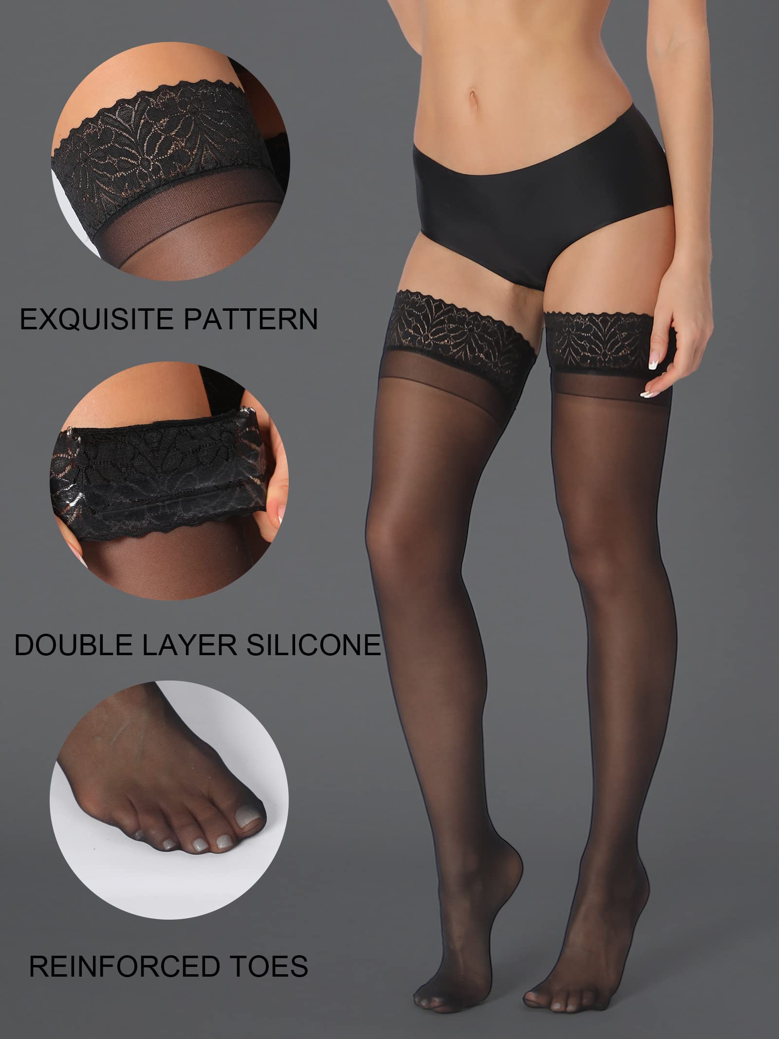 HONENNA Sheer Thigh High Stockings for Women - 17+ Fashion Colors, Stay-Up Lace Top with Anti-Slip Silicone Band | Perfect for Date Night, Office Wear & Special Occasions