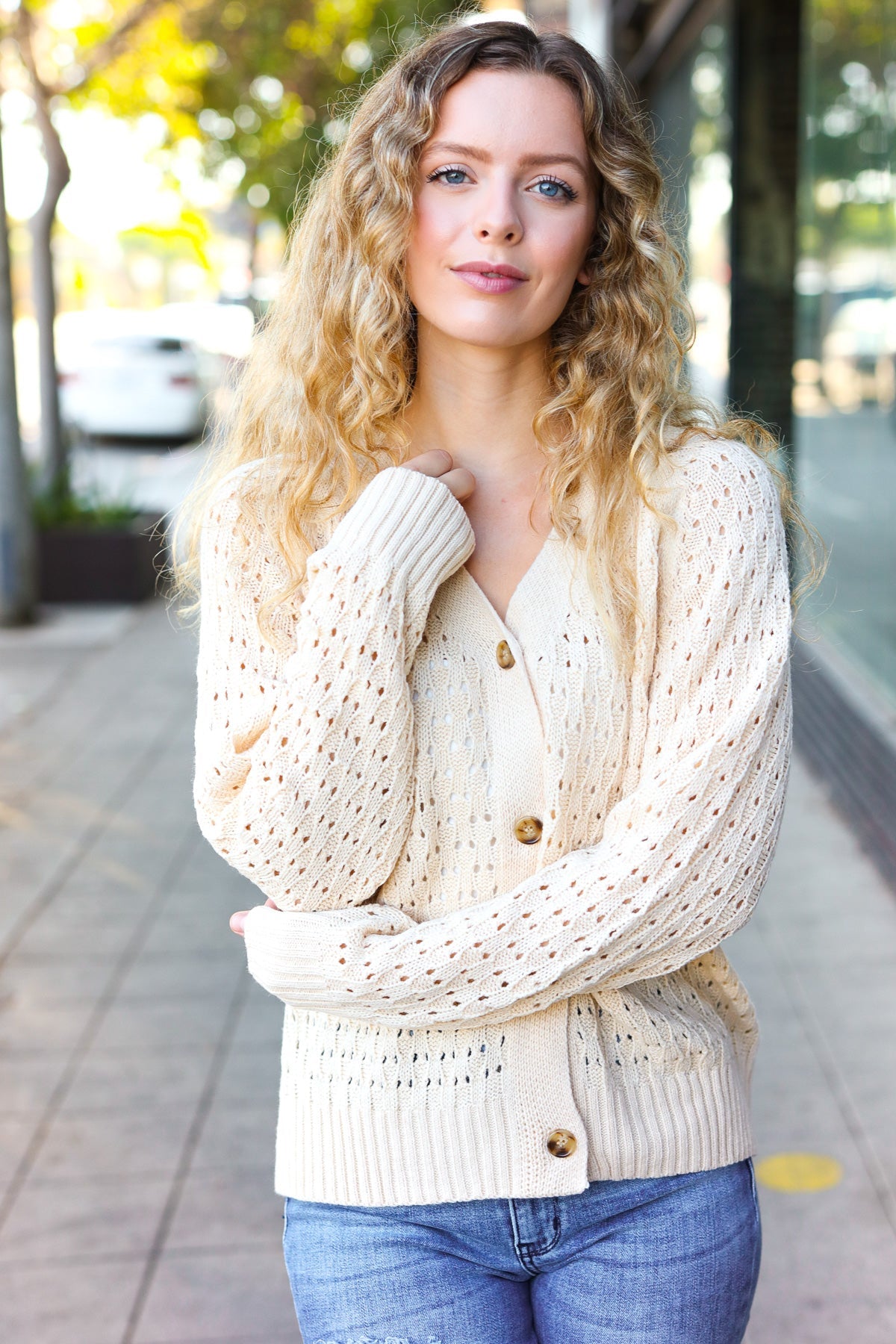 Follow Me Oatmeal Pointelle Knit Button Down Cardigan - Cozy Women's Sweater for Fall & Winter | Perfect for Office, Date Night & Casual Outfits
