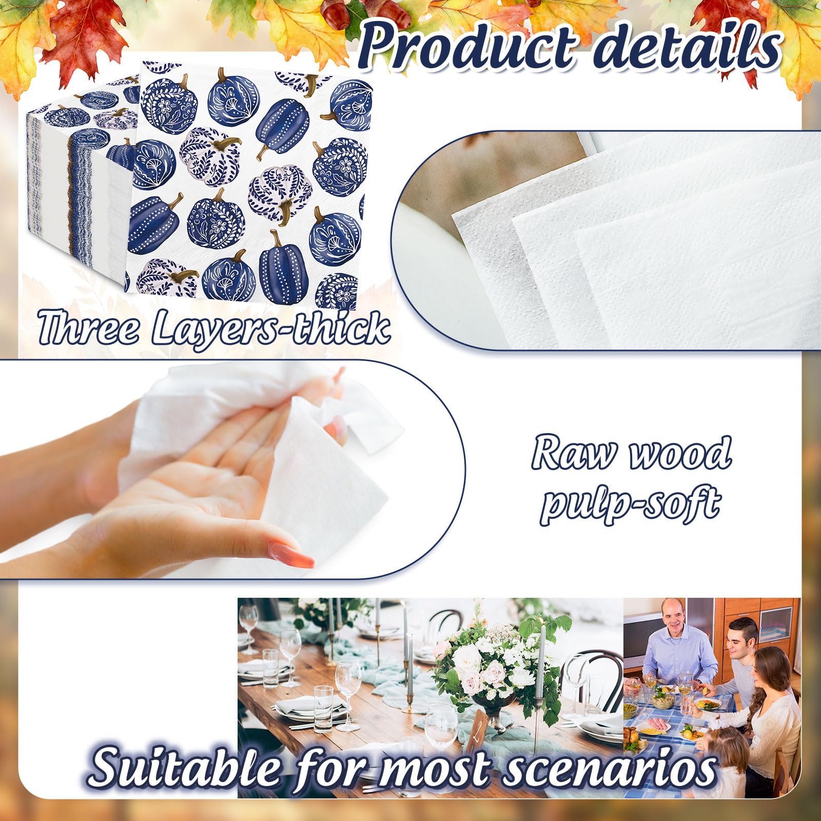 AnyDesign 80Pcs Fall Pumpkin Napkins - Blue & White Chinoiserie Disposable Paper Luncheon Napkins for Autumn, Thanksgiving, Halloween, Home Decor & Party Supplies - Perfect for Dinner Parties, Table Settings & Seasonal Celebrations
