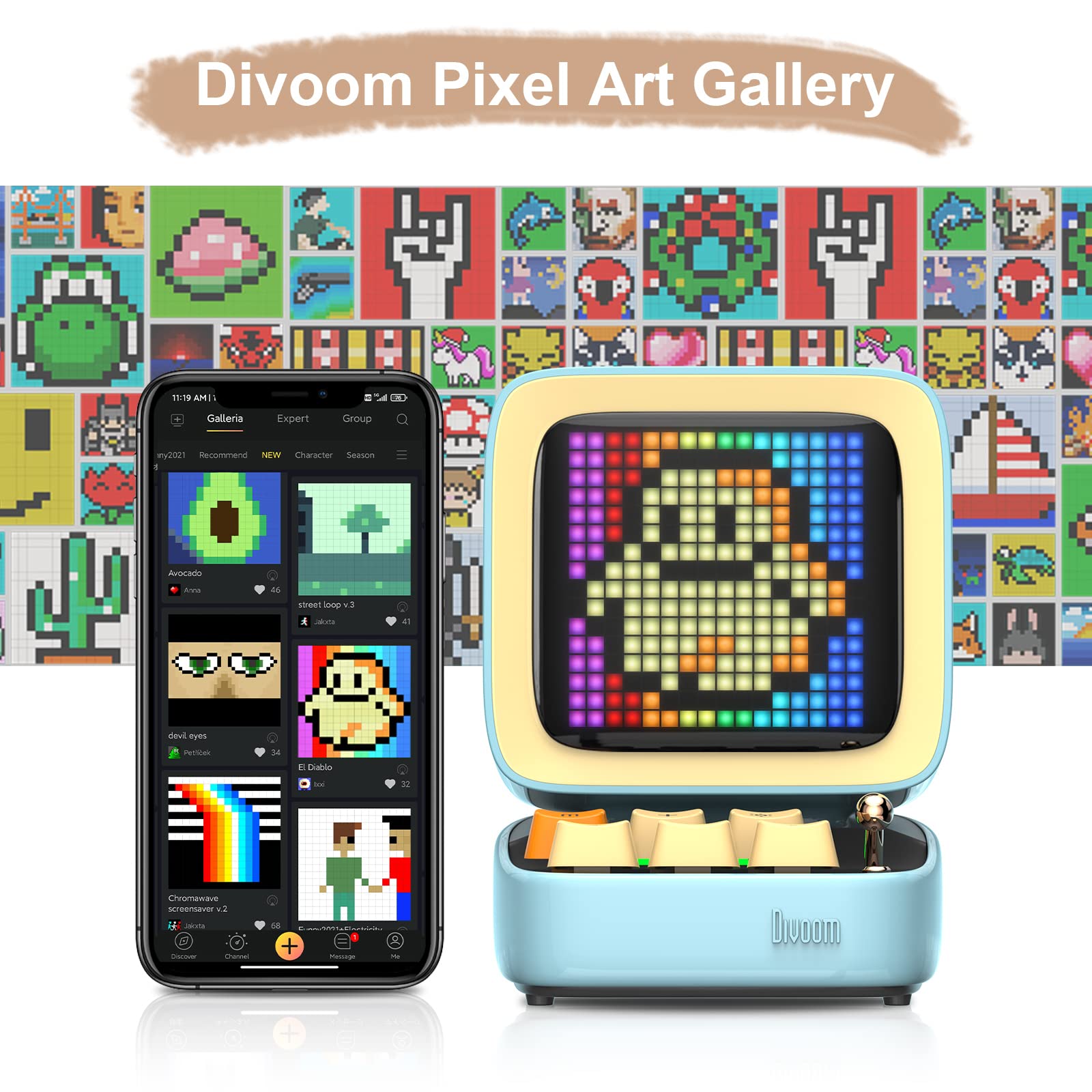 Divoom Ditoo Retro Pixel Art Bluetooth Speaker - 16x16 LED App-Controlled Display, Wireless Gaming Speaker with Customizable Lights & FM Radio (Blue) - Perfect for Gaming, Bedroom Decor & Gift Giving