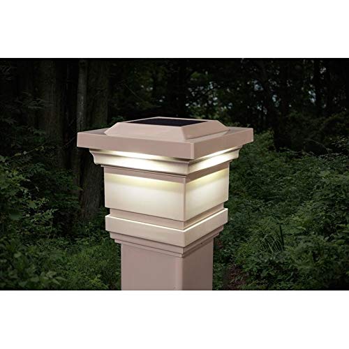 4x4 Tan PVC Solar Post Cap Lights - Set of 2, Durable Plastic, Energy Efficient Outdoor Lighting for Deck, Fence, and Garden Decor