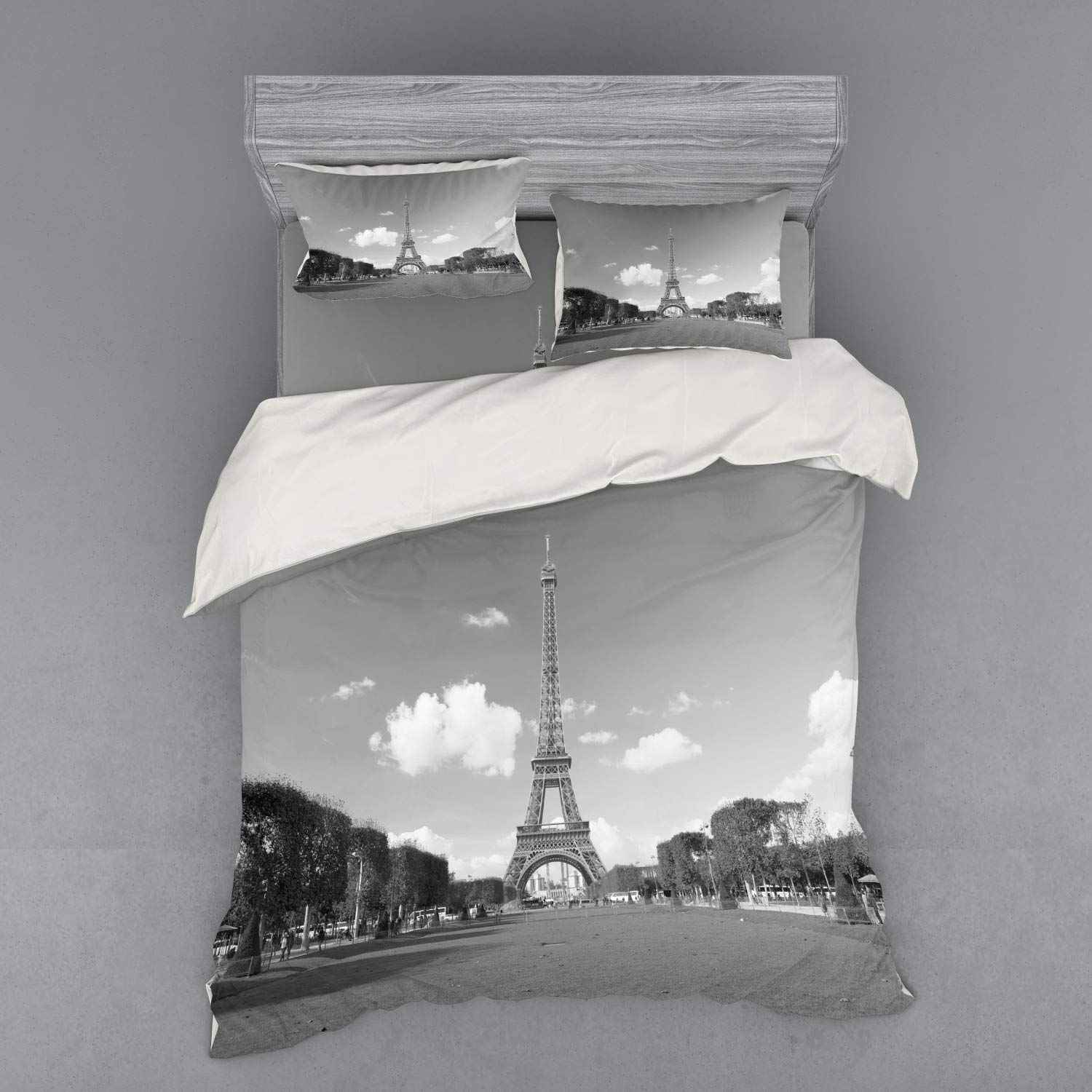 Ambesonne Paris Eiffel Tower Duvet Cover Set - 4 Piece Queen Size Bedding with Shams & Fitted Sheet, Grey European Landscape Photo Design | Perfect for Travel Lovers & Paris-Themed Bedroom Decor