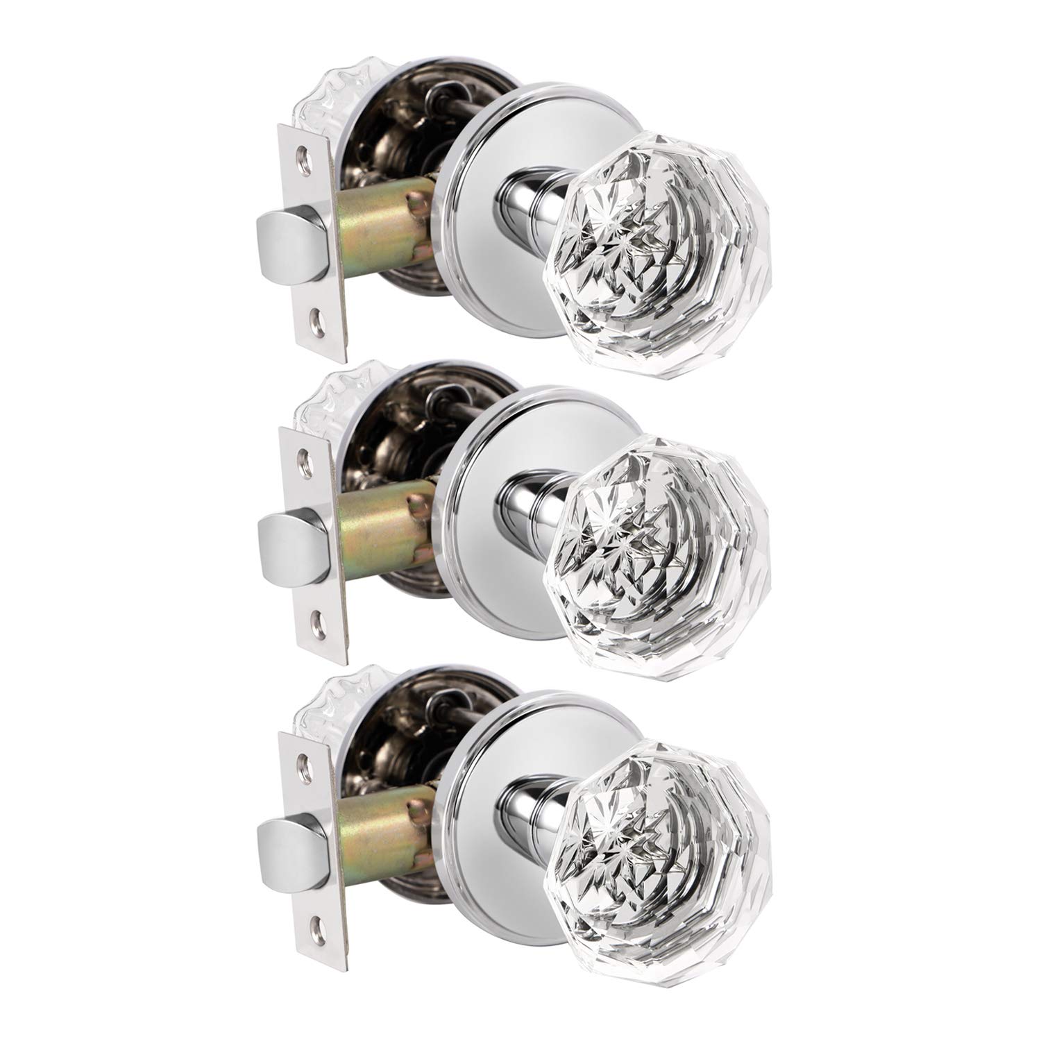 (3 Pack) Passage Door Knobs Set - Round Crystal Glass Keyless Interior Door Knobs, Polished Chrome Modern Design for Hall & Closet Doors | Perfect for Bedrooms, Bathrooms & Interior Spaces