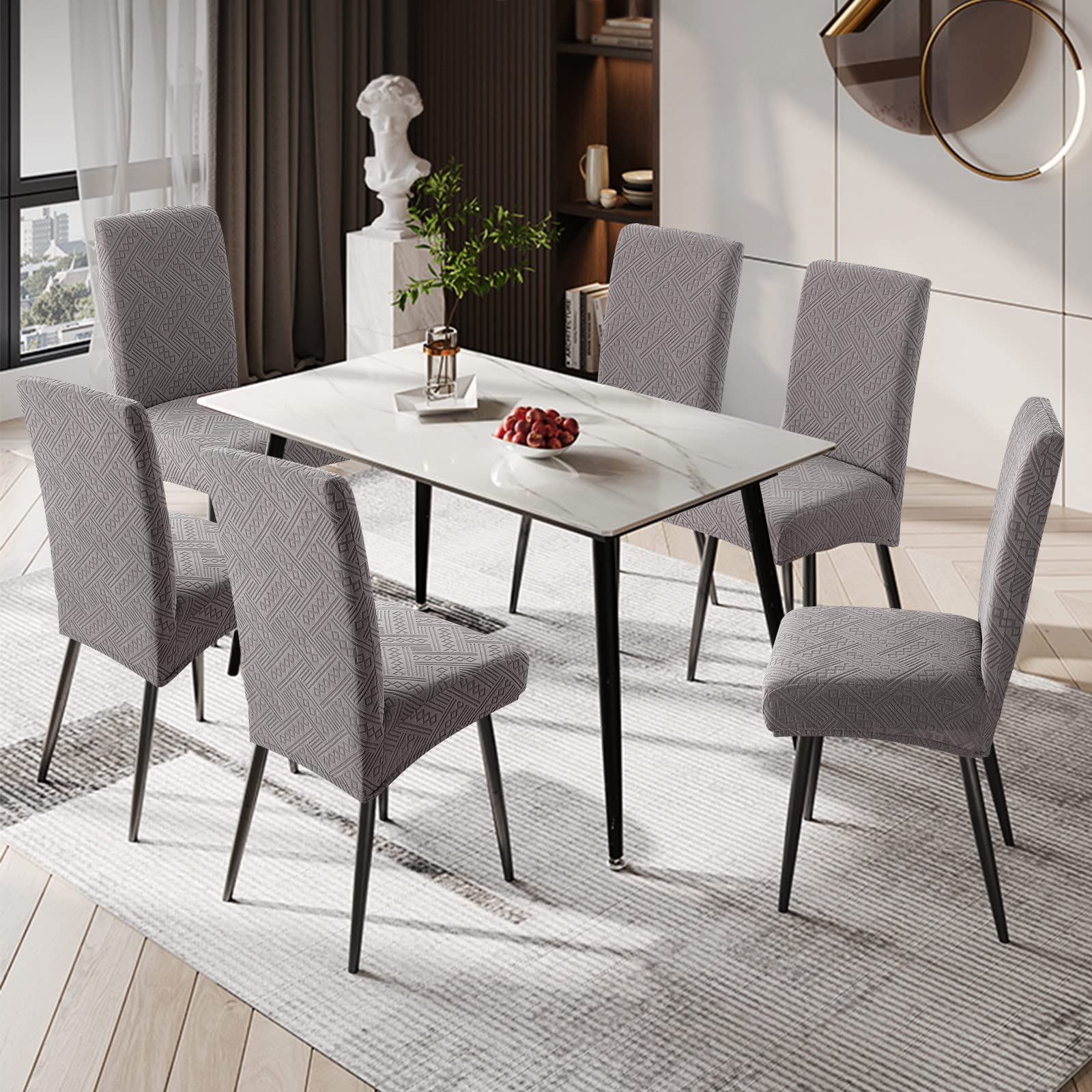 Waterproof Stretch Parsons Chair Slipcovers - 6 Pack Washable Dining Room Chair Covers, Light Gray Pattern, Removable Kitchen Chair Protectors for Home & Restaurant Use